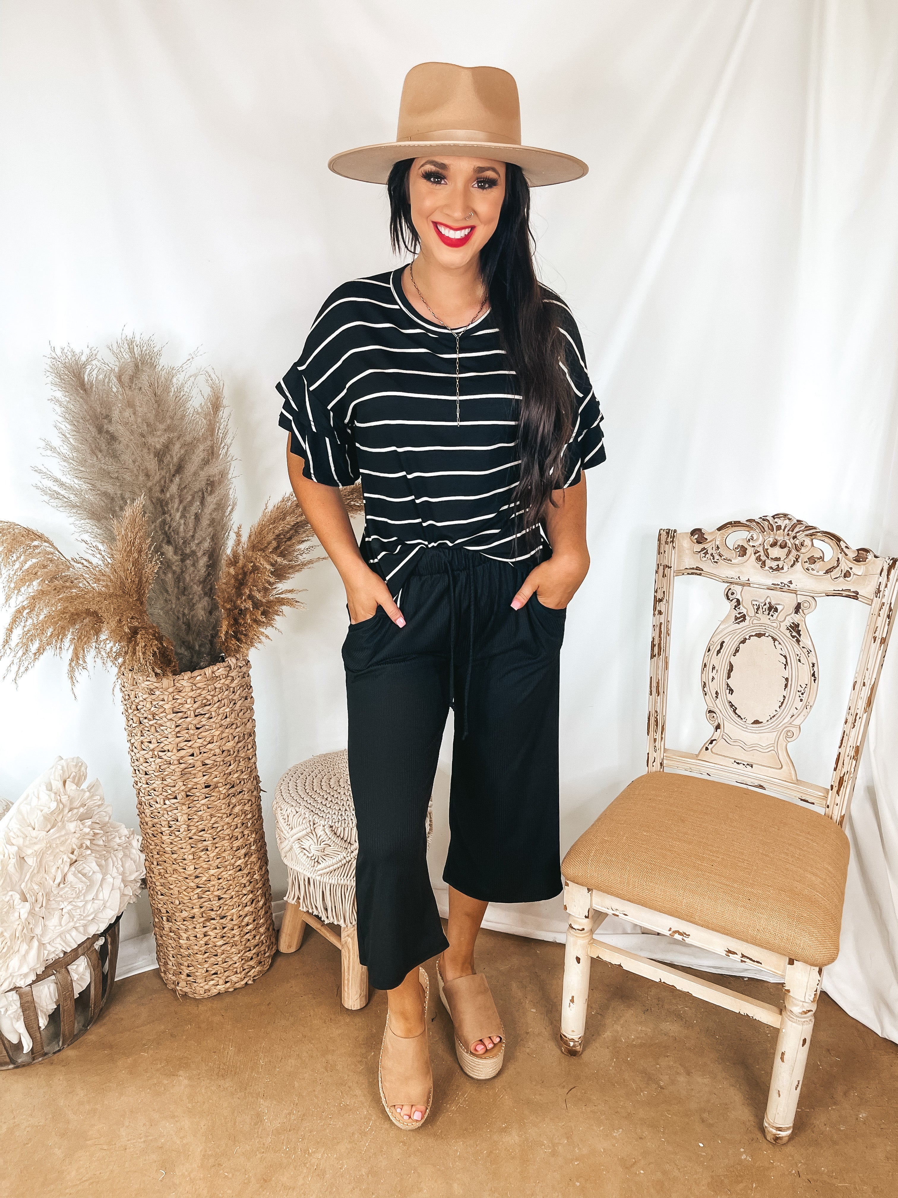 Set The Standard Striped Top with Short Ruffle Sleeves in Black - Giddy Up Glamour Boutique