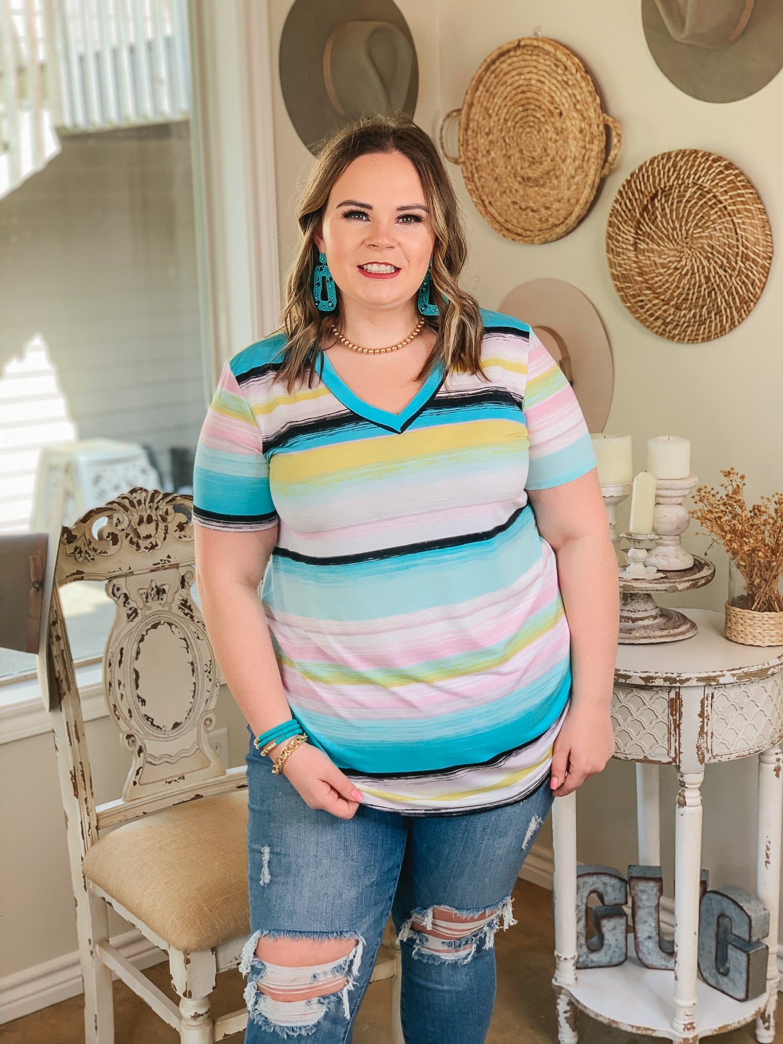 Keep Things Simple Striped V Neck Tee in Mint and Yellow Multi - Giddy Up Glamour Boutique