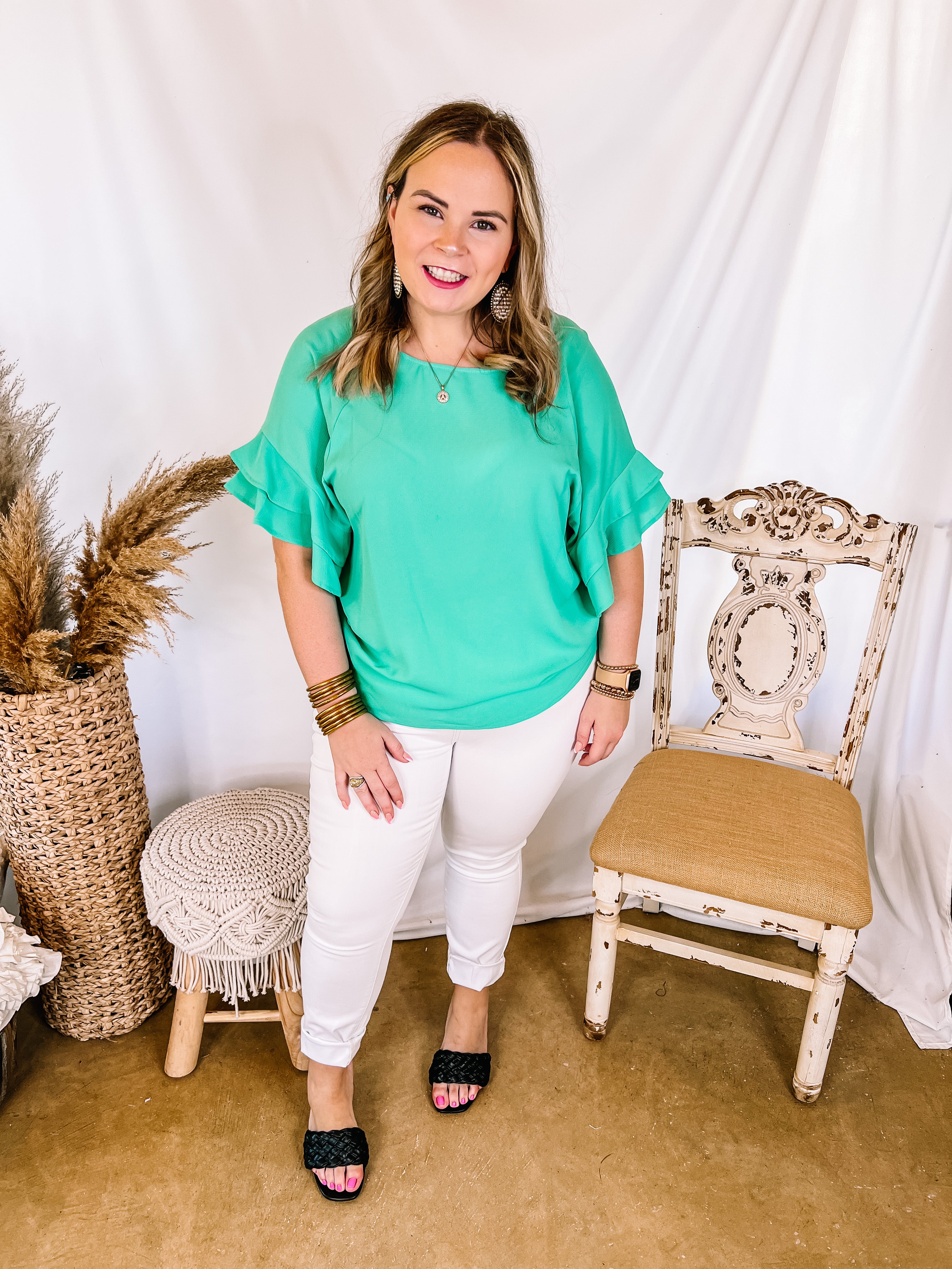 Basic Needs Ruffle Sleeve Top in Mint Green - Giddy Up Glamour Boutique