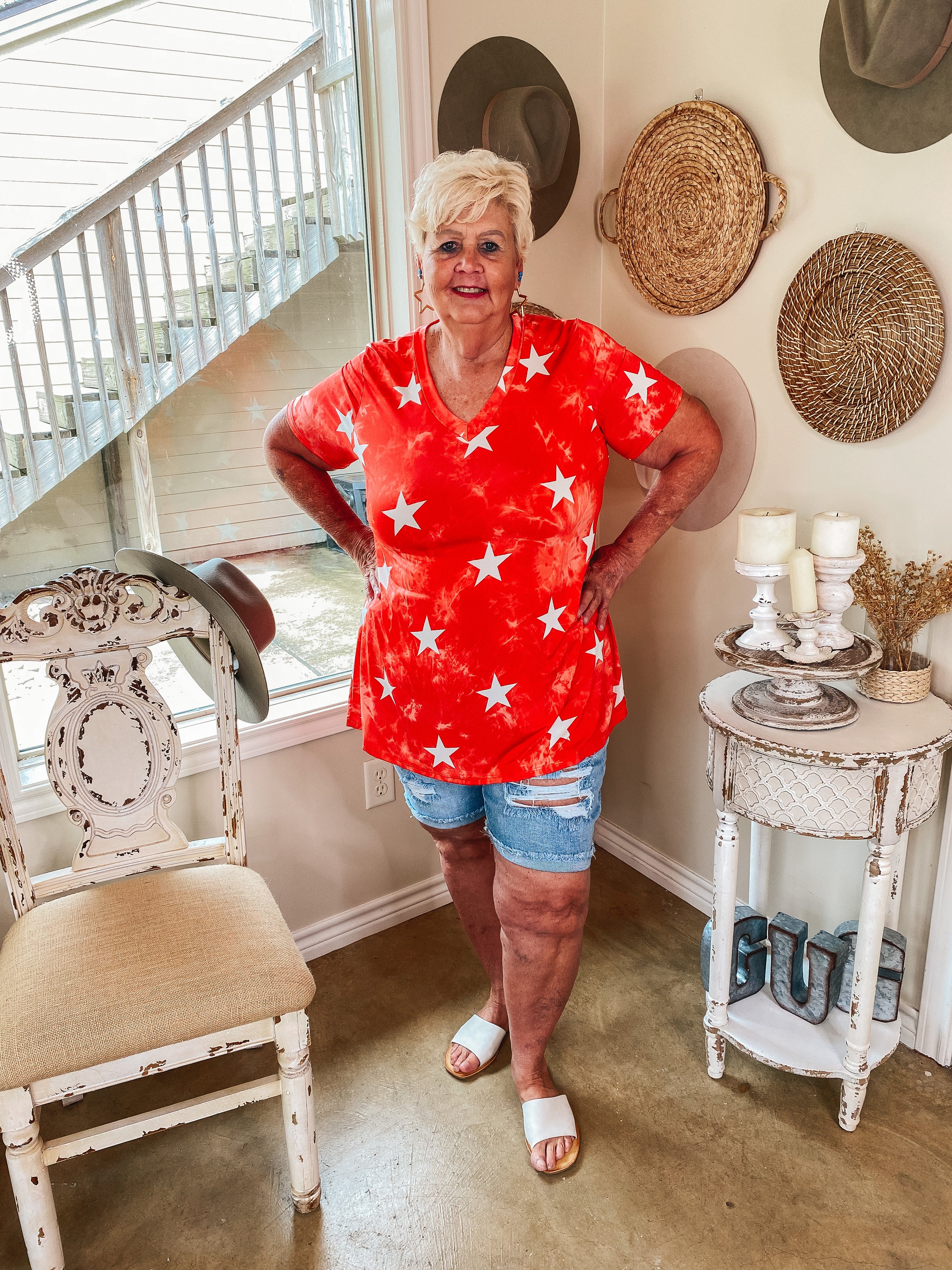 Keep Things Simple Tie Dye with Stars V Neck Tee in Red - Giddy Up Glamour Boutique