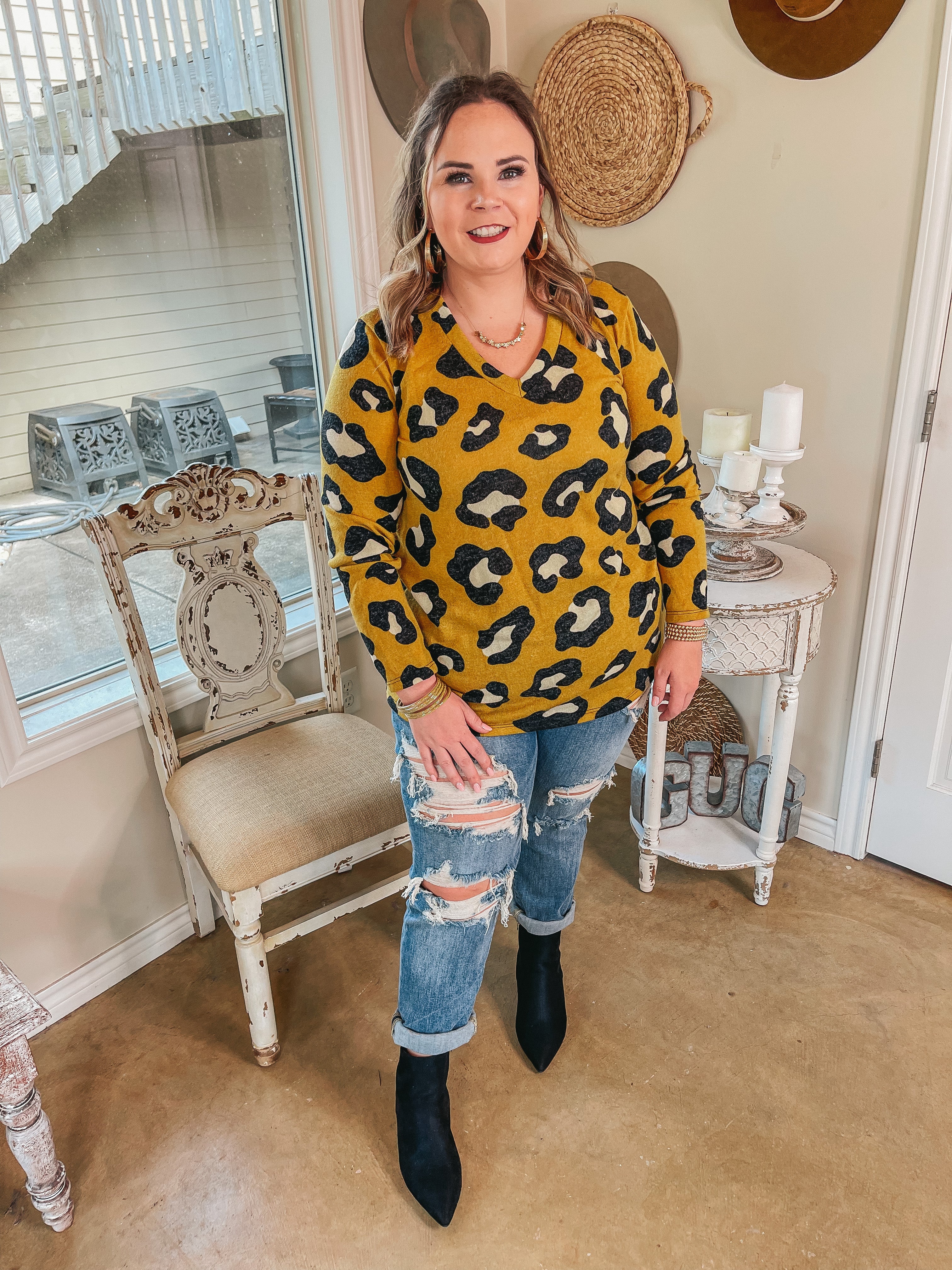Keep Things Simple Long Sleeve Large Leopard V Neck Pullover Top in Mustard Yellow - Giddy Up Glamour Boutique