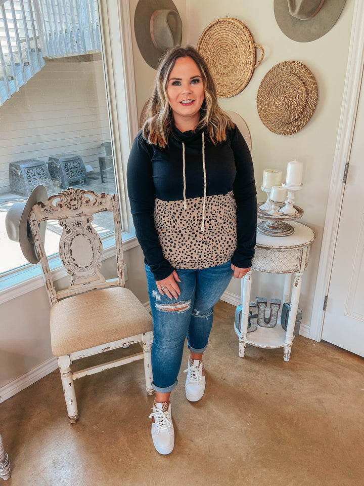 Feeling Cool Half Cheetah Drawstring Cowl Neck Pullover in Black - Giddy Up Glamour Boutique