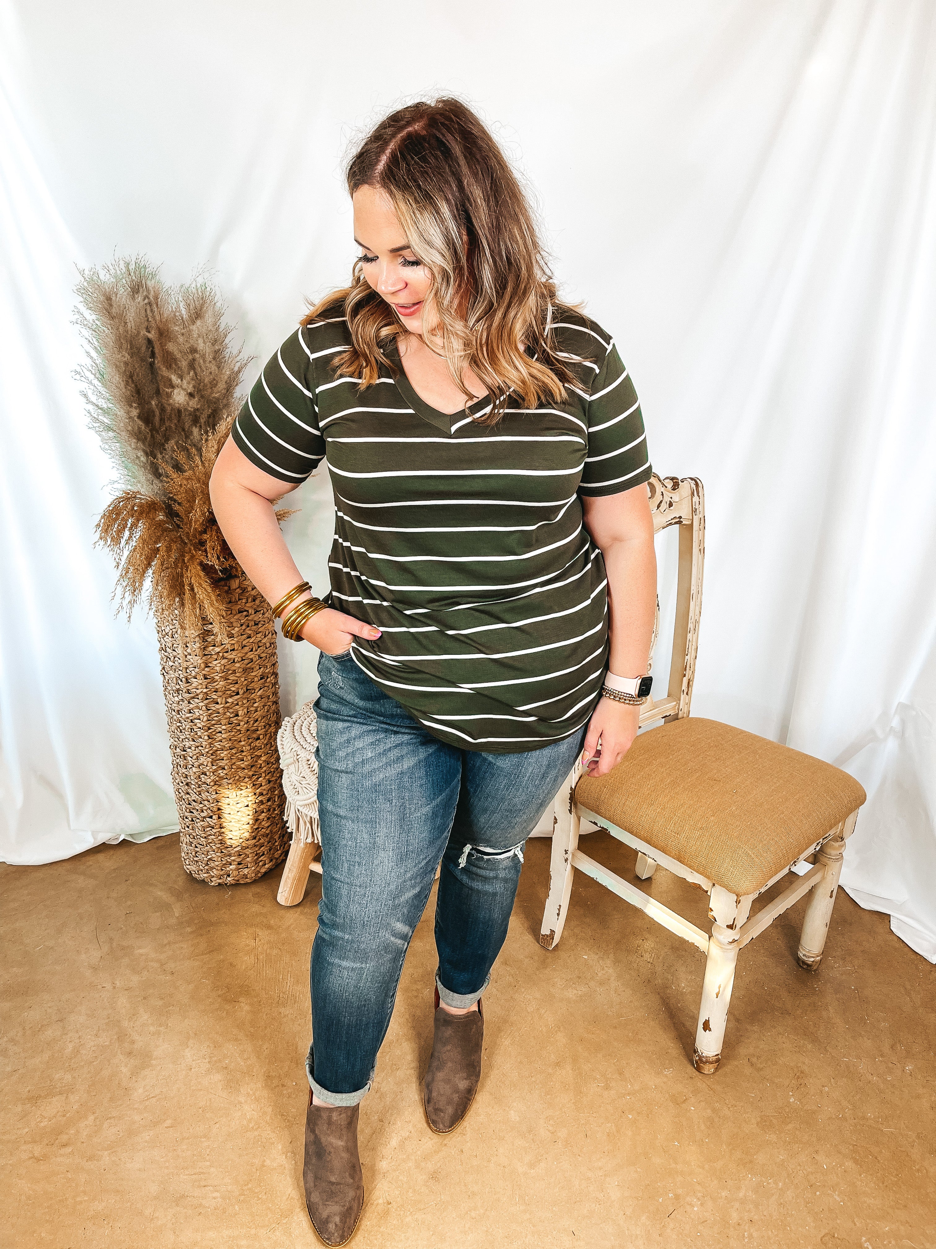 Keep Things Casual Striped V Neck Tee in Olive Green - Giddy Up Glamour Boutique