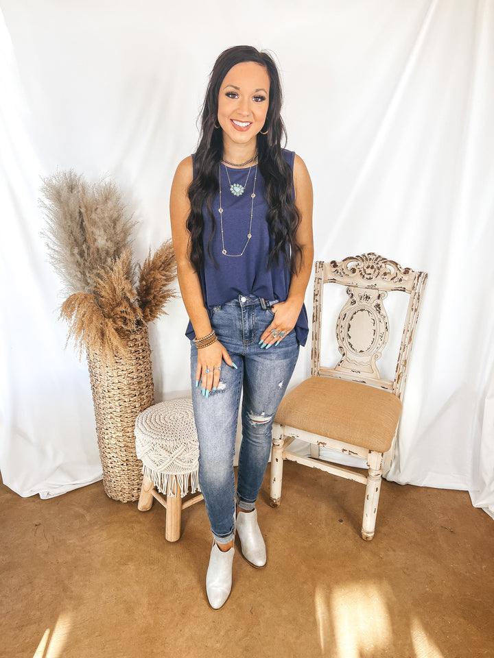 Give Me Joy Solid Knit A-Line Tank Top in Dusty Navy Blue - Giddy Up Glamour Boutique