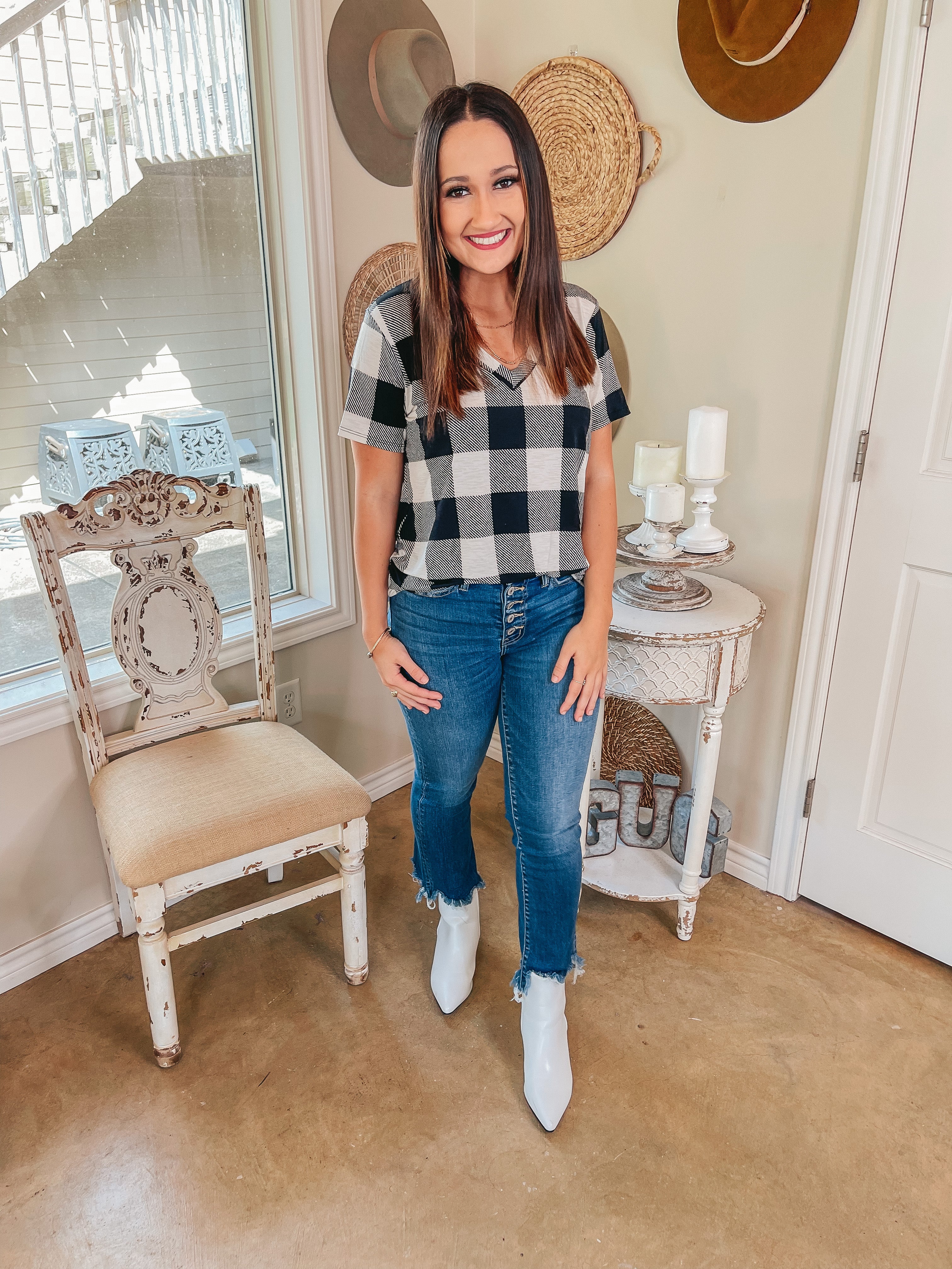 Keep Things Simple Buffalo Plaid V Neck Tee in Ivory - Giddy Up Glamour Boutique