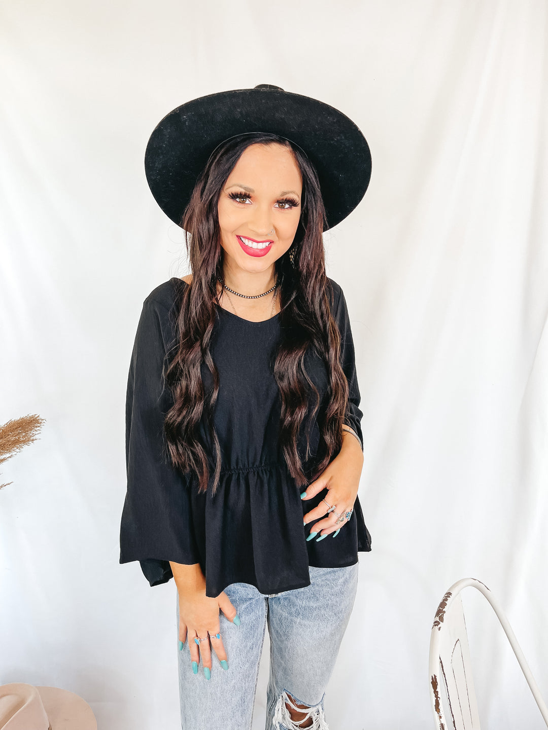 Switch It Up 3/4 Drop Sleeve Peplum Blouse in Black - Giddy Up Glamour Boutique