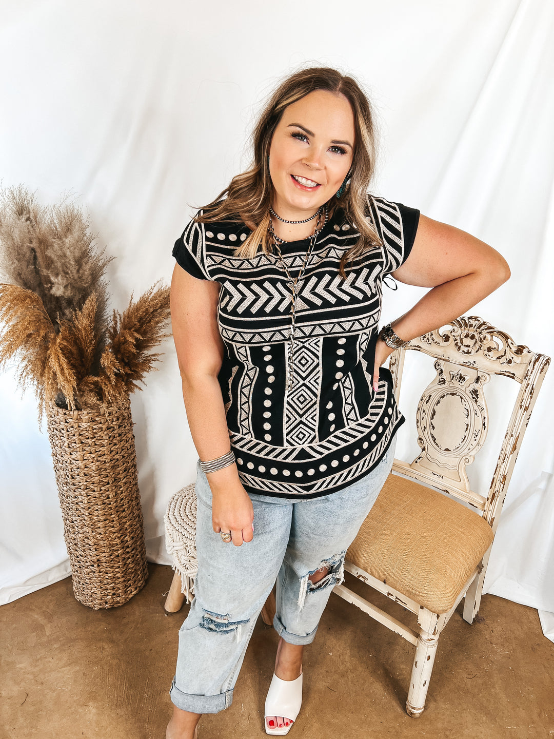 Call To You Ivory Pattern Embroidered Cap Sleeve Top in Black - Giddy Up Glamour Boutique