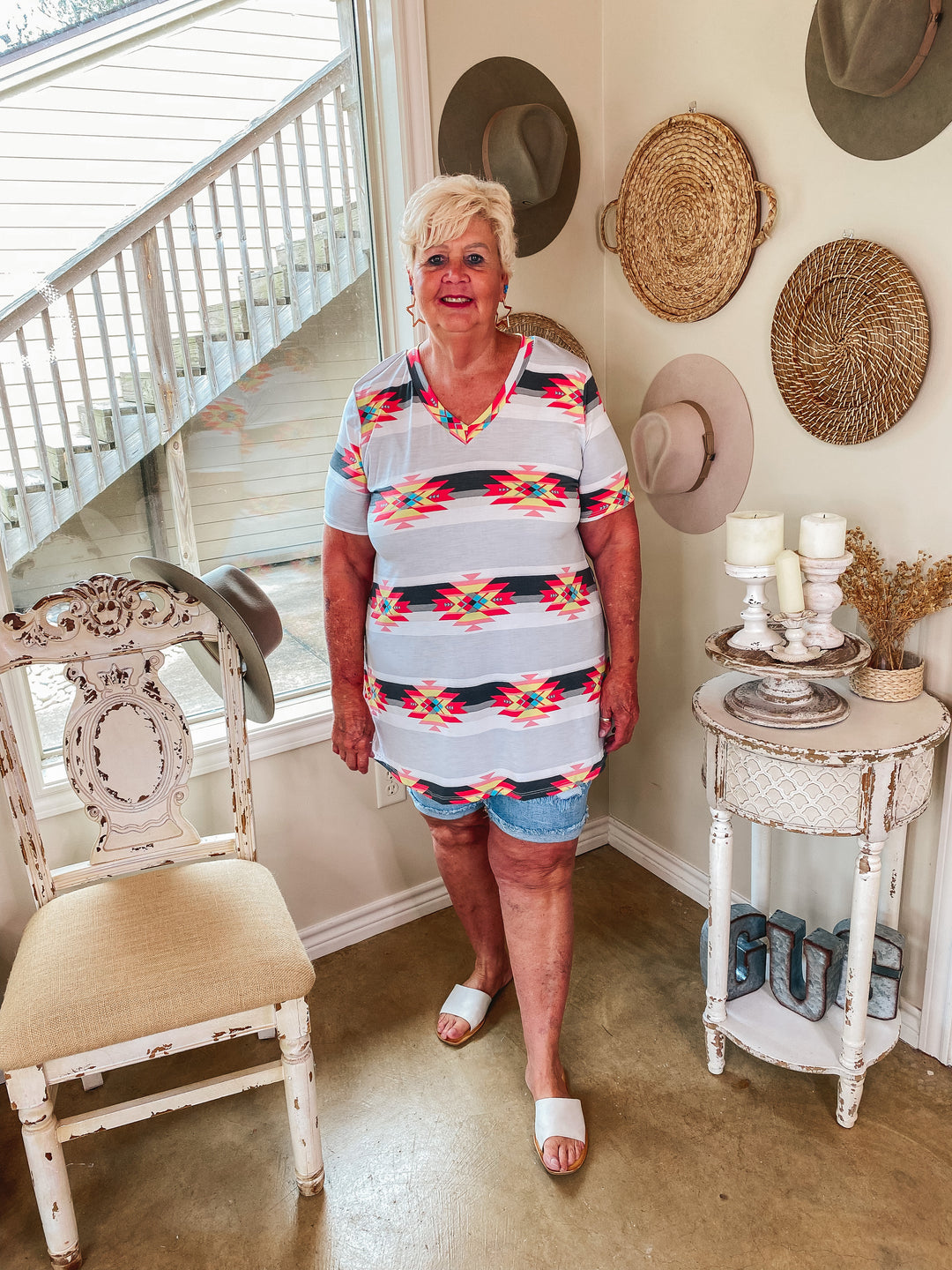 Last Chance Size Small & Med. | Keep Things Simple Horizontal Striped Aztec Print V Neck Tee in Grey - Giddy Up Glamour Boutique