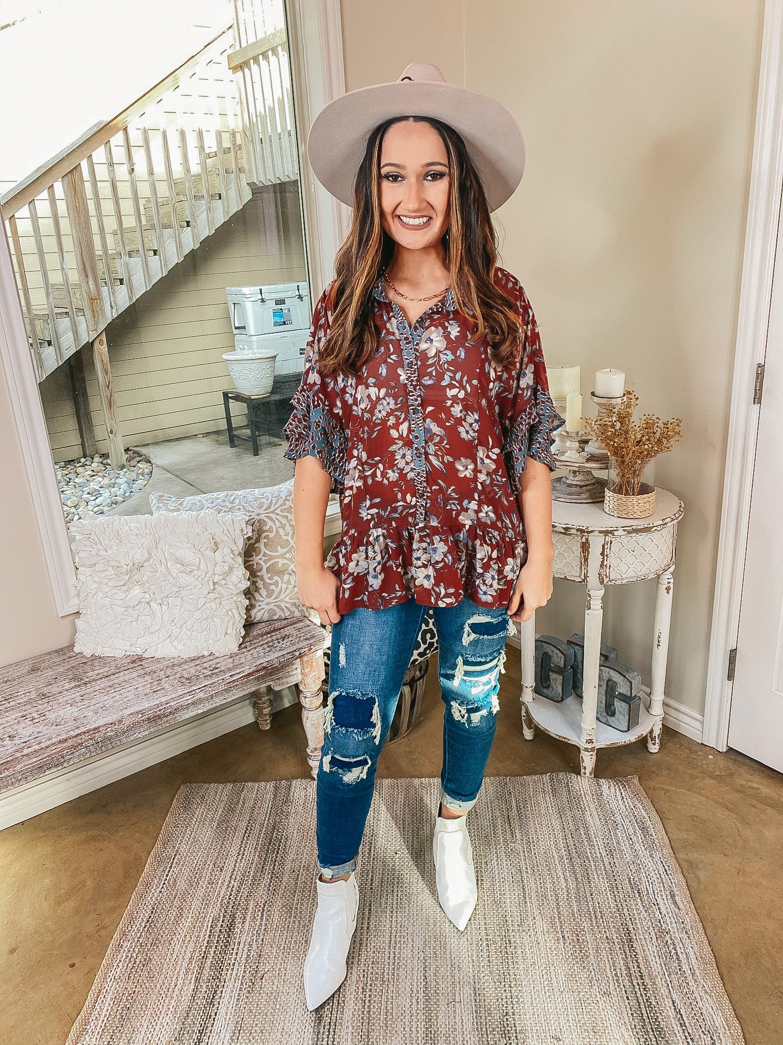 All I Ever Wanted Mixed Print Button Up Peplum Top with Ruffle Sleeves in Brick Red - Giddy Up Glamour Boutique
