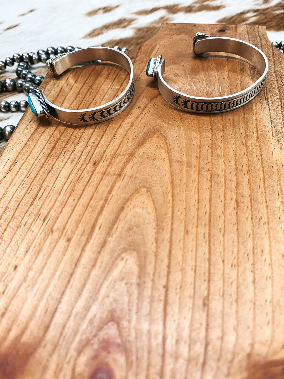 Rick Enricuez | Navajo Handmade Detailed Sterling Silver Cuff with Small Kingman Turquoise Endings - Giddy Up Glamour Boutique