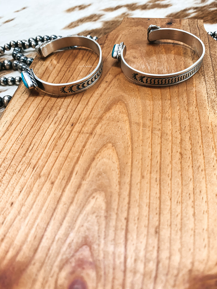 Rick Enricuez | Navajo Handmade Detailed Sterling Silver Cuff with Small Kingman Turquoise Endings - Giddy Up Glamour Boutique