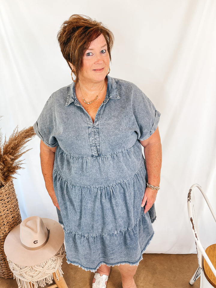 Wait List Tiered Denim Dress with Collared Neckline in Medium Wash - Giddy Up Glamour Boutique