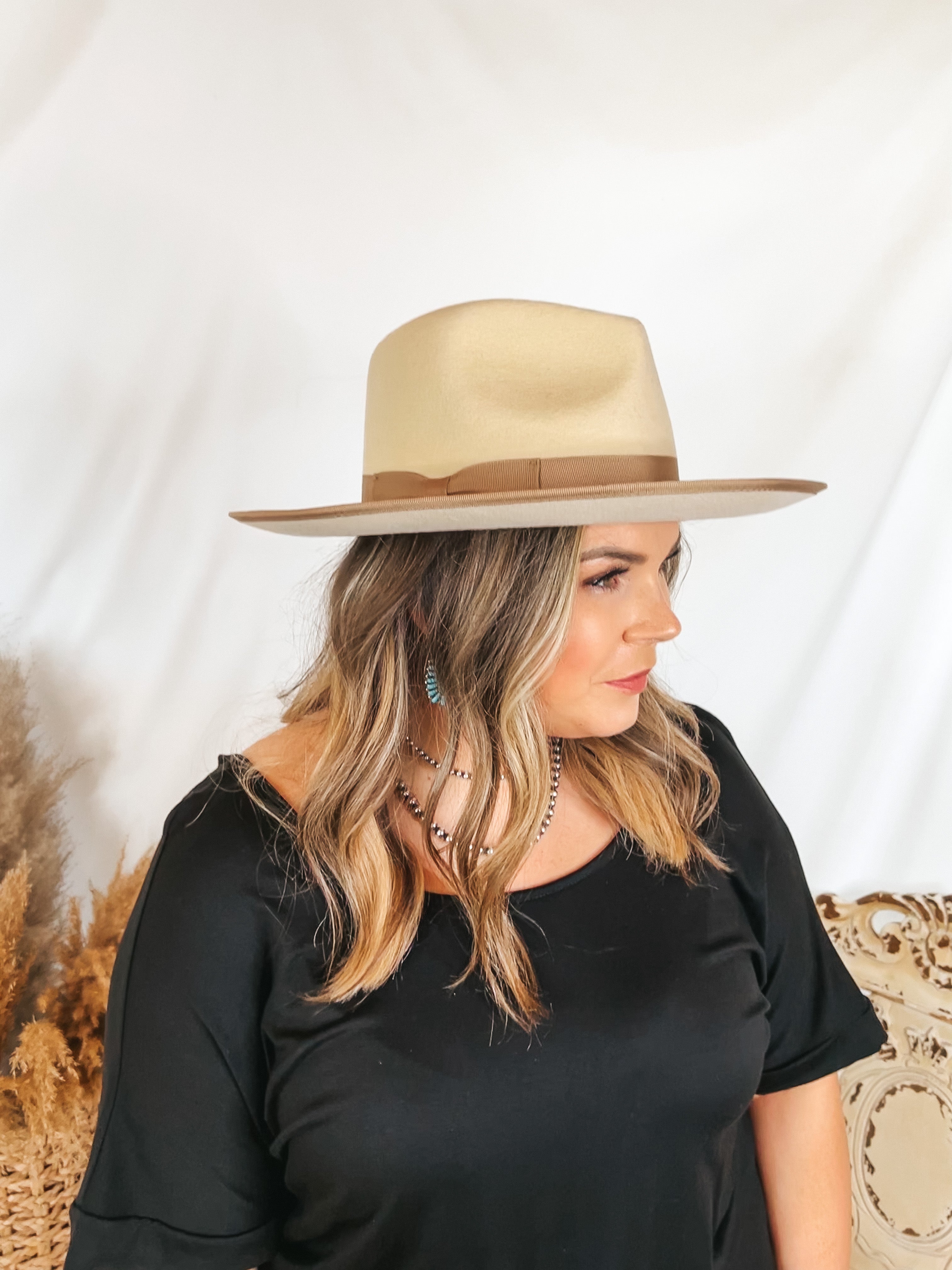 GiGi Pip | Monroe Wool Felt Rancher Hat with Ribbon Band in Off White - Giddy Up Glamour Boutique