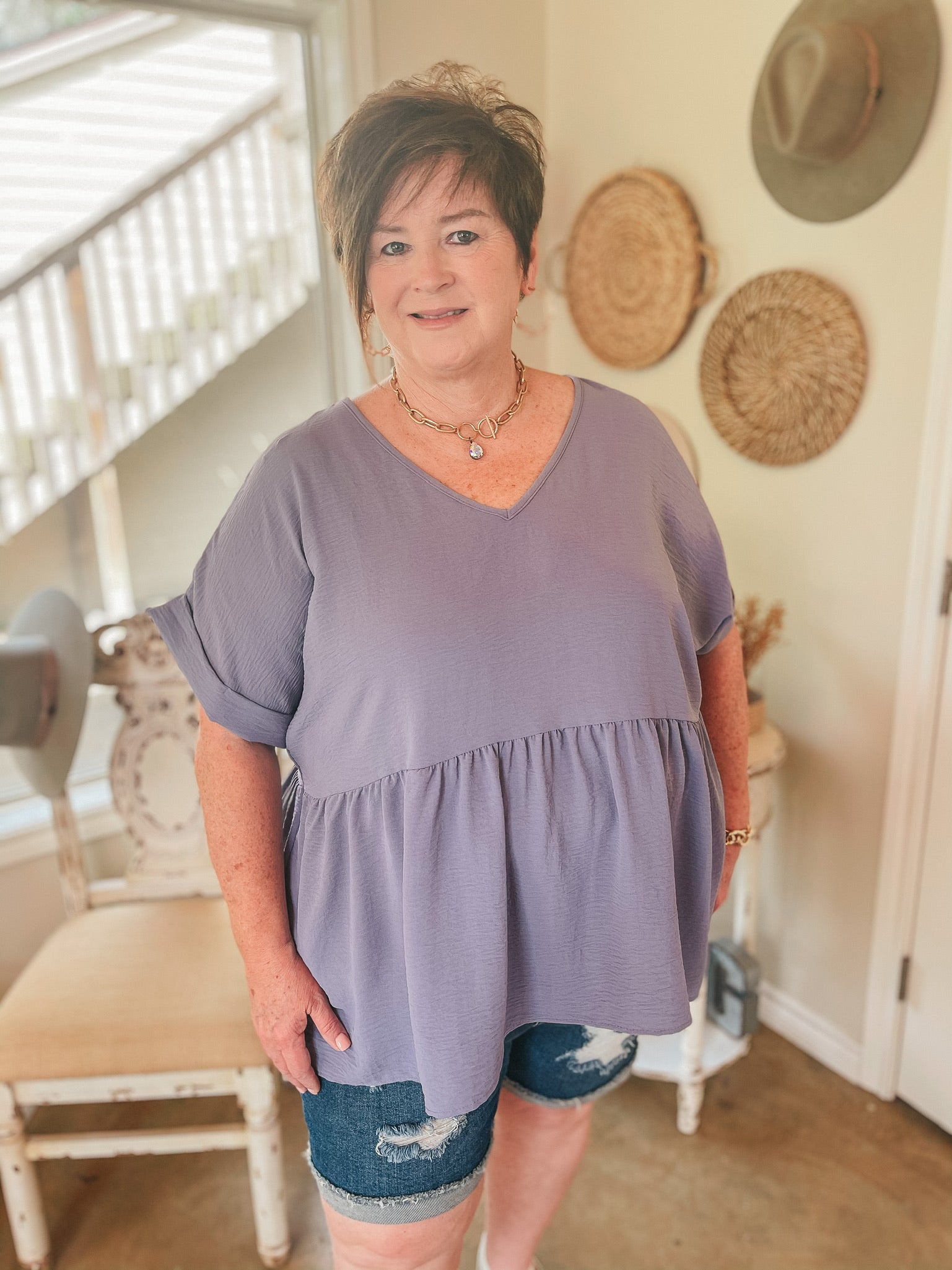 Touring the City Short Sleeve V Neck Babydoll Top in Dusty Lilac - Giddy Up Glamour Boutique