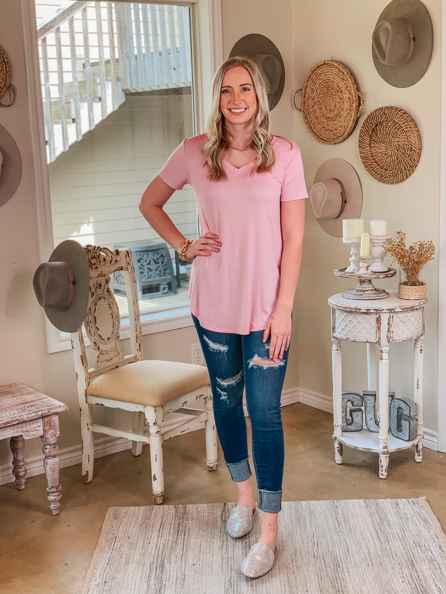 Simply Obsessed Ribbed Short Sleeve V Neck Top in Light Pink - Giddy Up Glamour Boutique