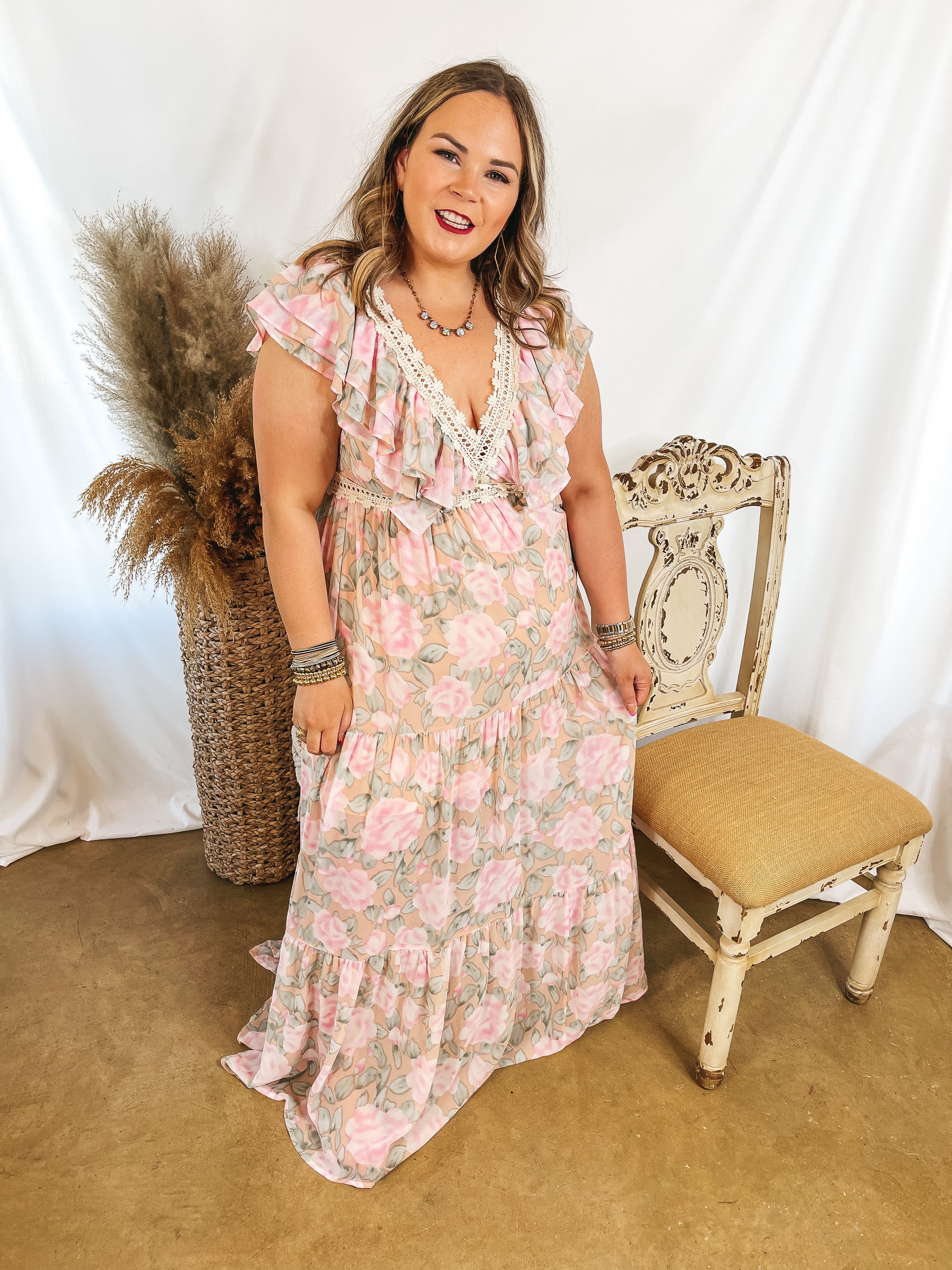 Sunlight Hours Watercolor Floral Maxi Dress with Crochet Detailing in Peach Pink - Giddy Up Glamour Boutique