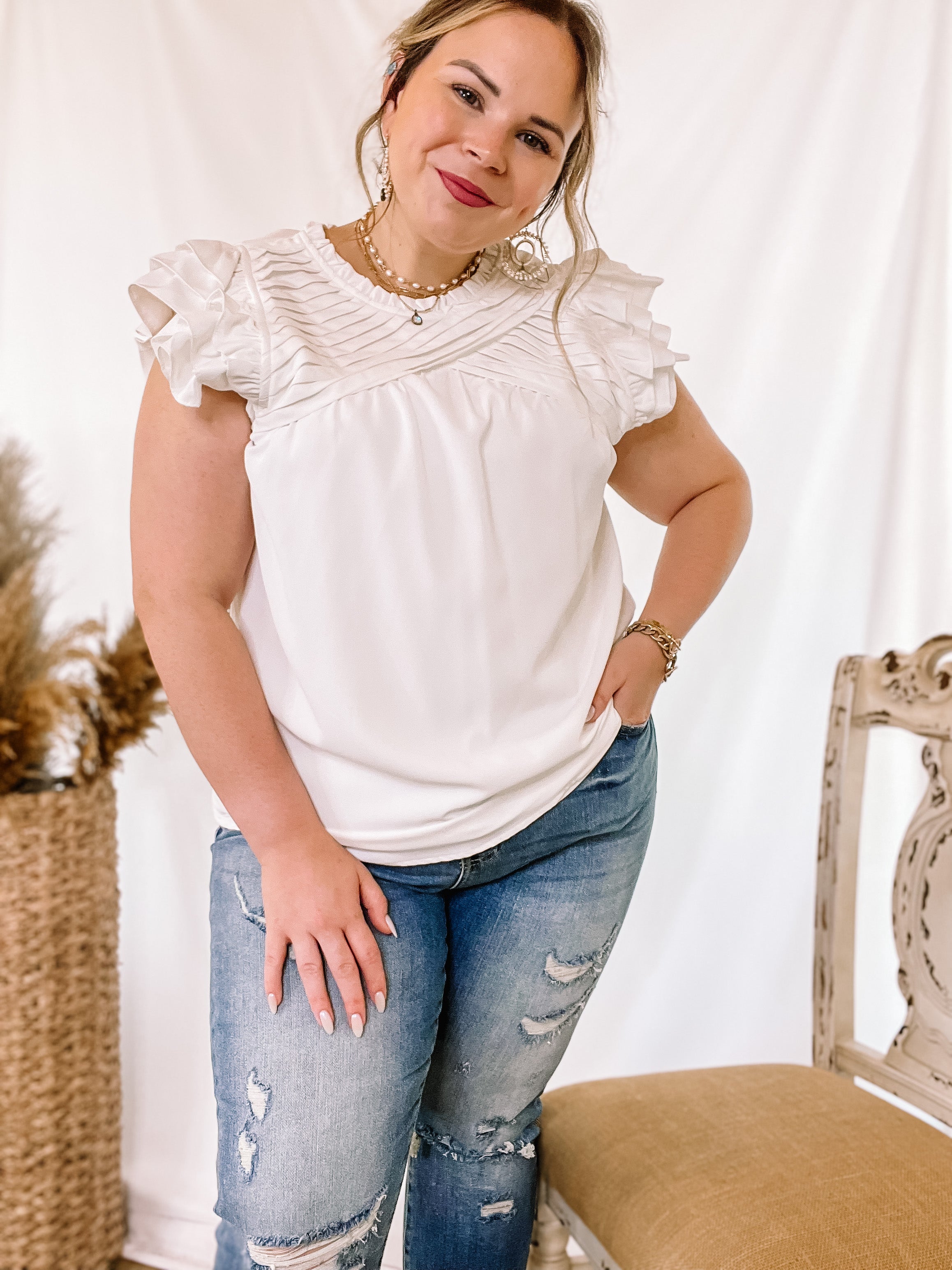 Expect The Best Pleated Upper Blouse with Ruffle Cap Sleeves in White - Giddy Up Glamour Boutique