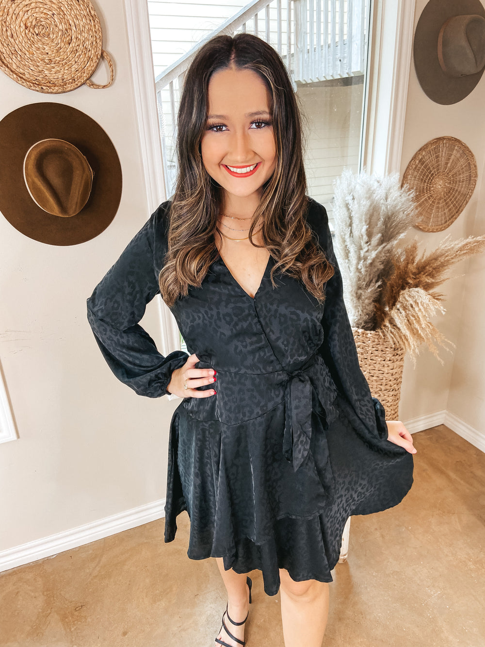 Stolen Romance Long Sleeve Satin Leopard Print Wrap Dress in Black - Giddy Up Glamour Boutique