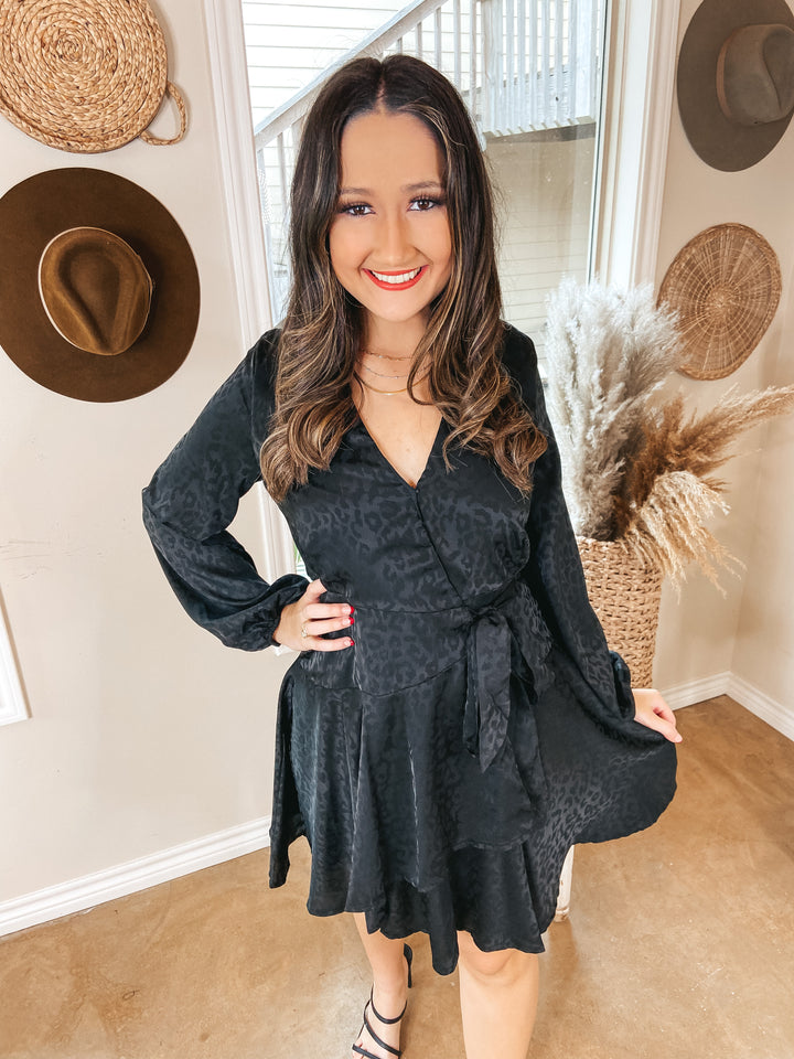 Stolen Romance Long Sleeve Satin Leopard Print Wrap Dress in Black - Giddy Up Glamour Boutique