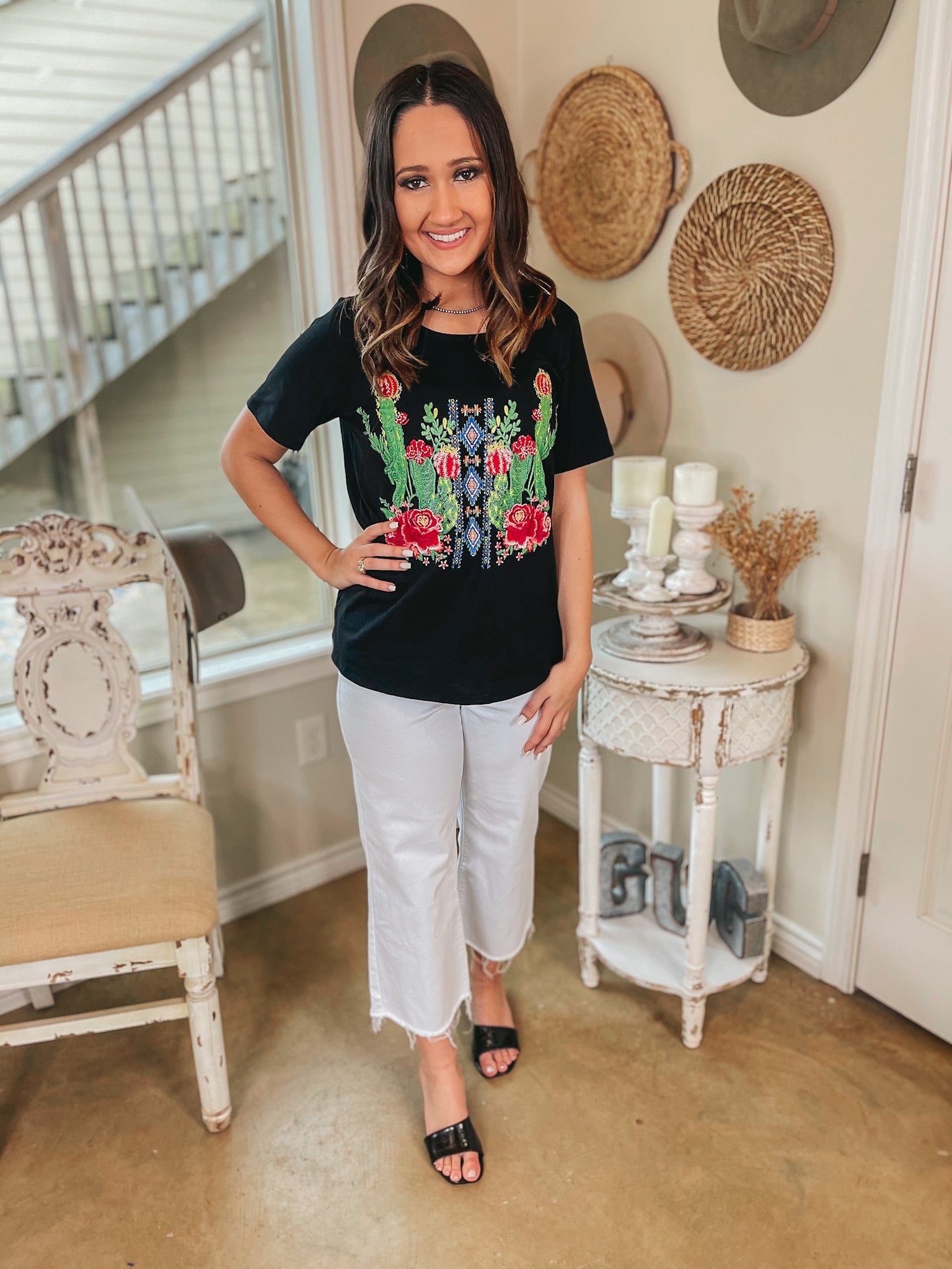 Last Chance Size Small & Med. | Far South Floral Cactus Embroidered Short Sleeve Top in Black - Giddy Up Glamour Boutique