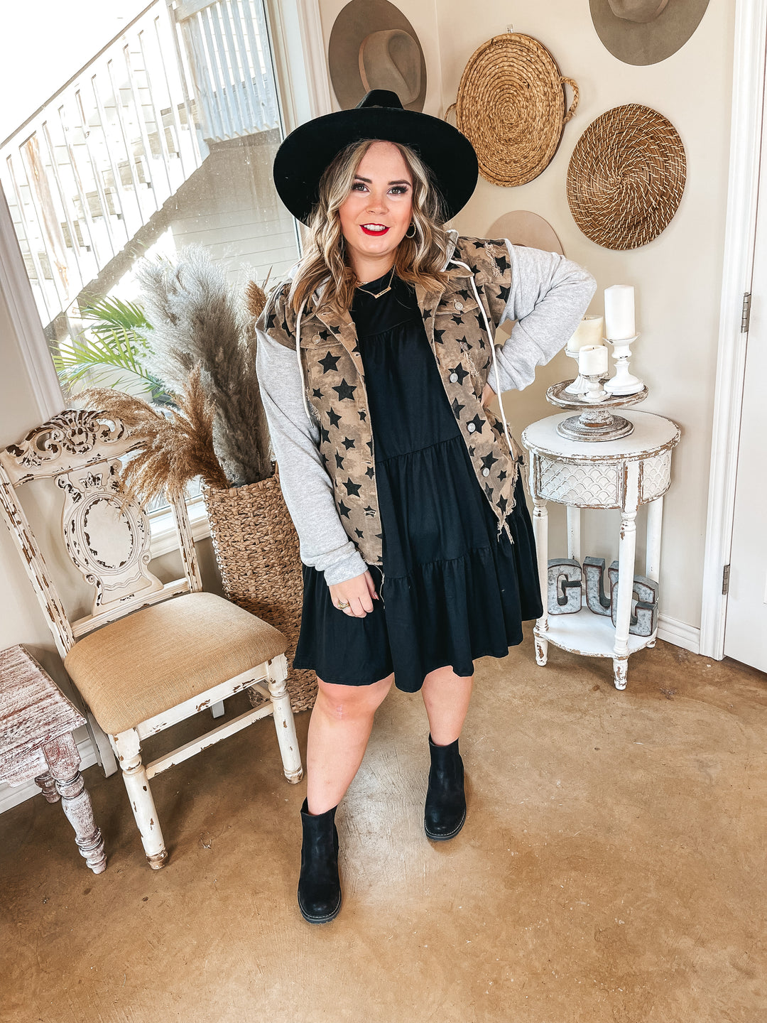 Forever Fated Star Print Button Jacket with Grey Sleeves and Hoodie in Brown - Giddy Up Glamour Boutique