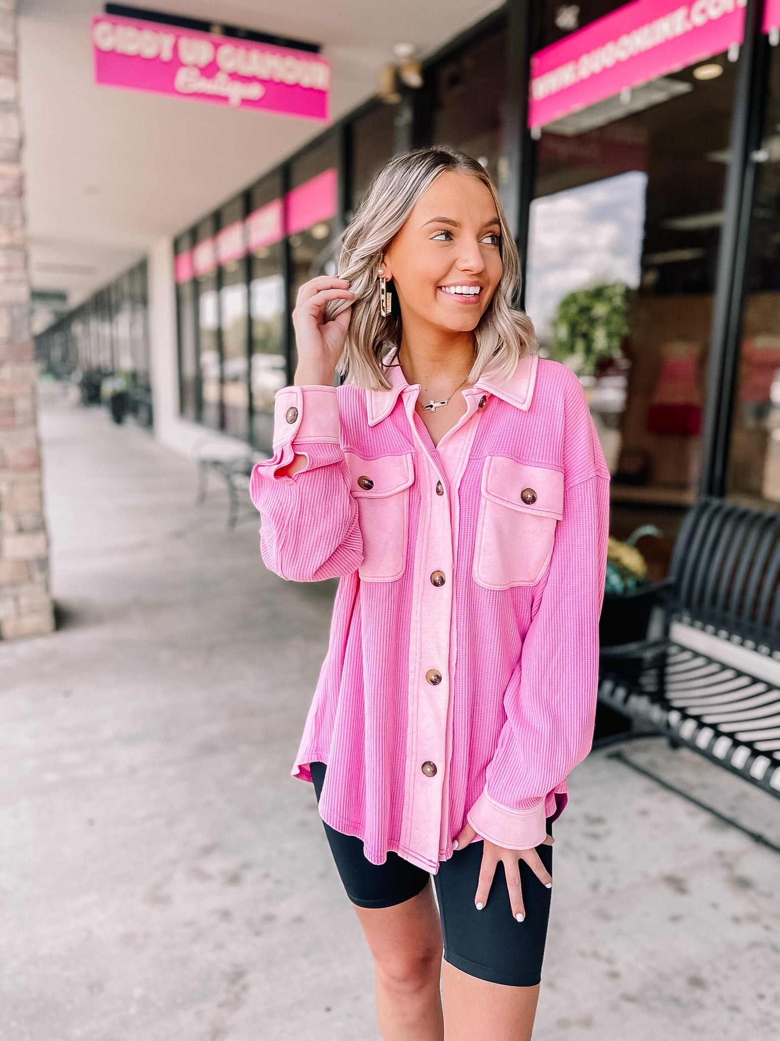 A Place To Unwind Button Up Waffle Knit Shacket in Pink - Giddy Up Glamour Boutique