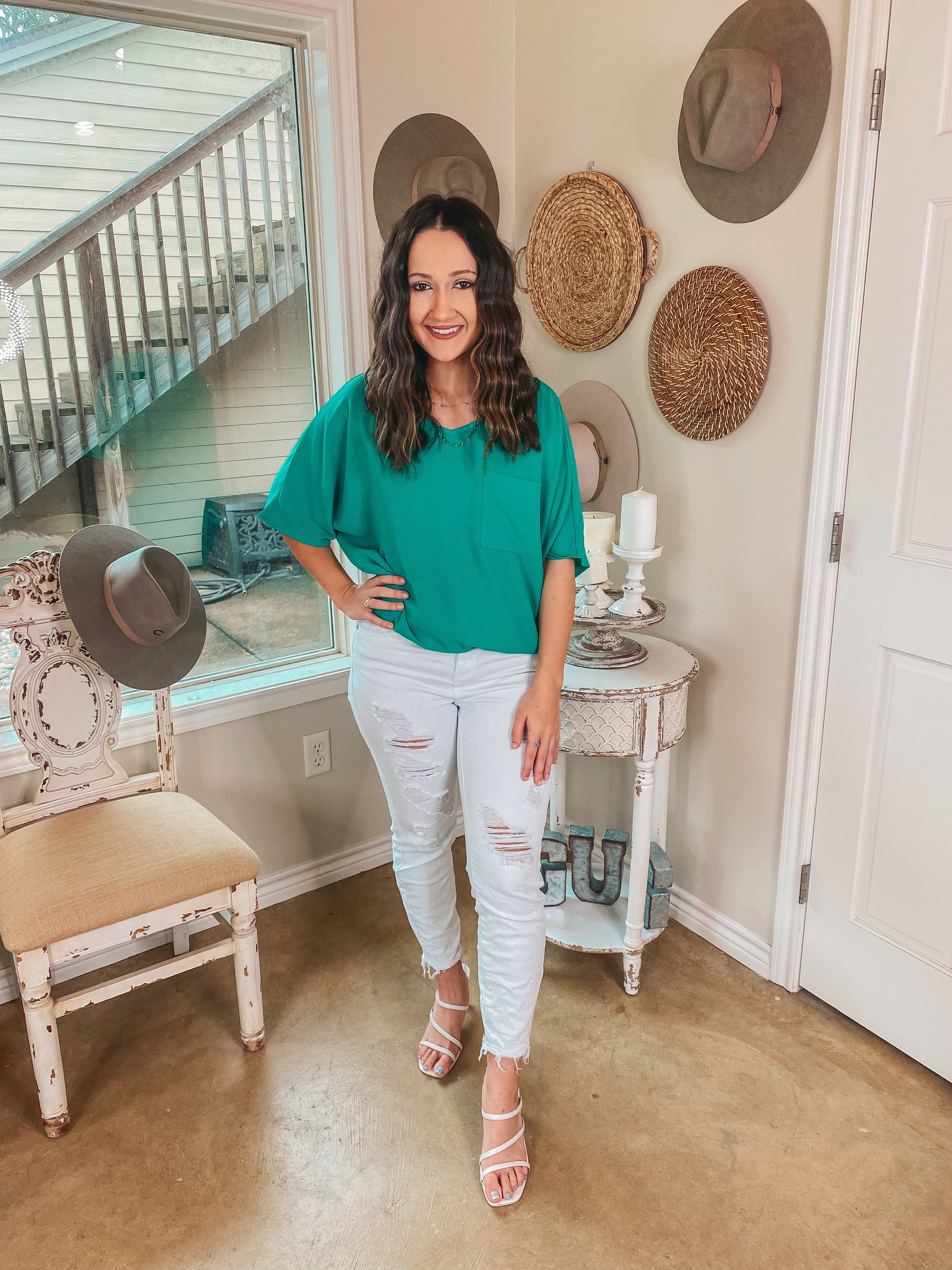 On Record V Neck Short Sleeve Shift Top with Front Pocket in Jade Green - Giddy Up Glamour Boutique