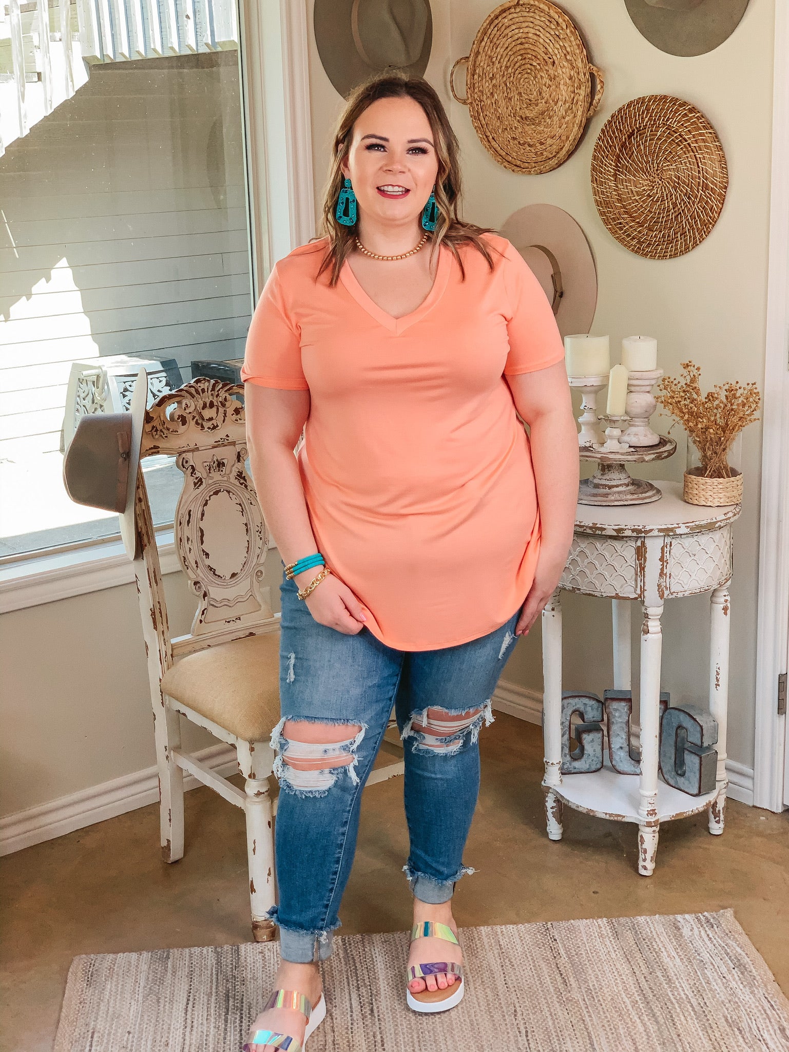 It's That Simple Solid V Neck Tee in Peach - Giddy Up Glamour Boutique
