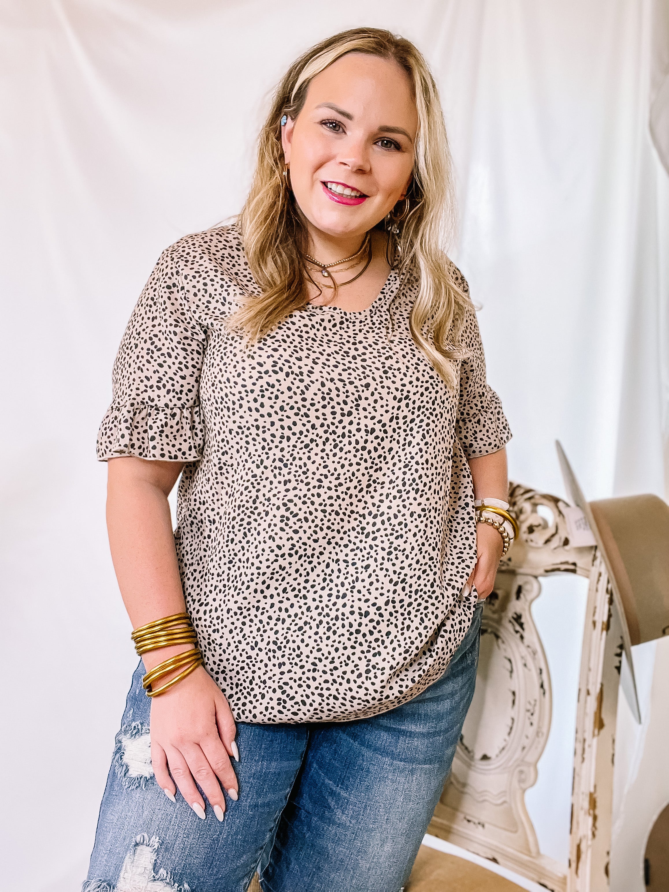 Last Chance Size 3XL | It Is Well V Neck Dotted Top with Ruffle Short Sleeves in Taupe - Giddy Up Glamour Boutique