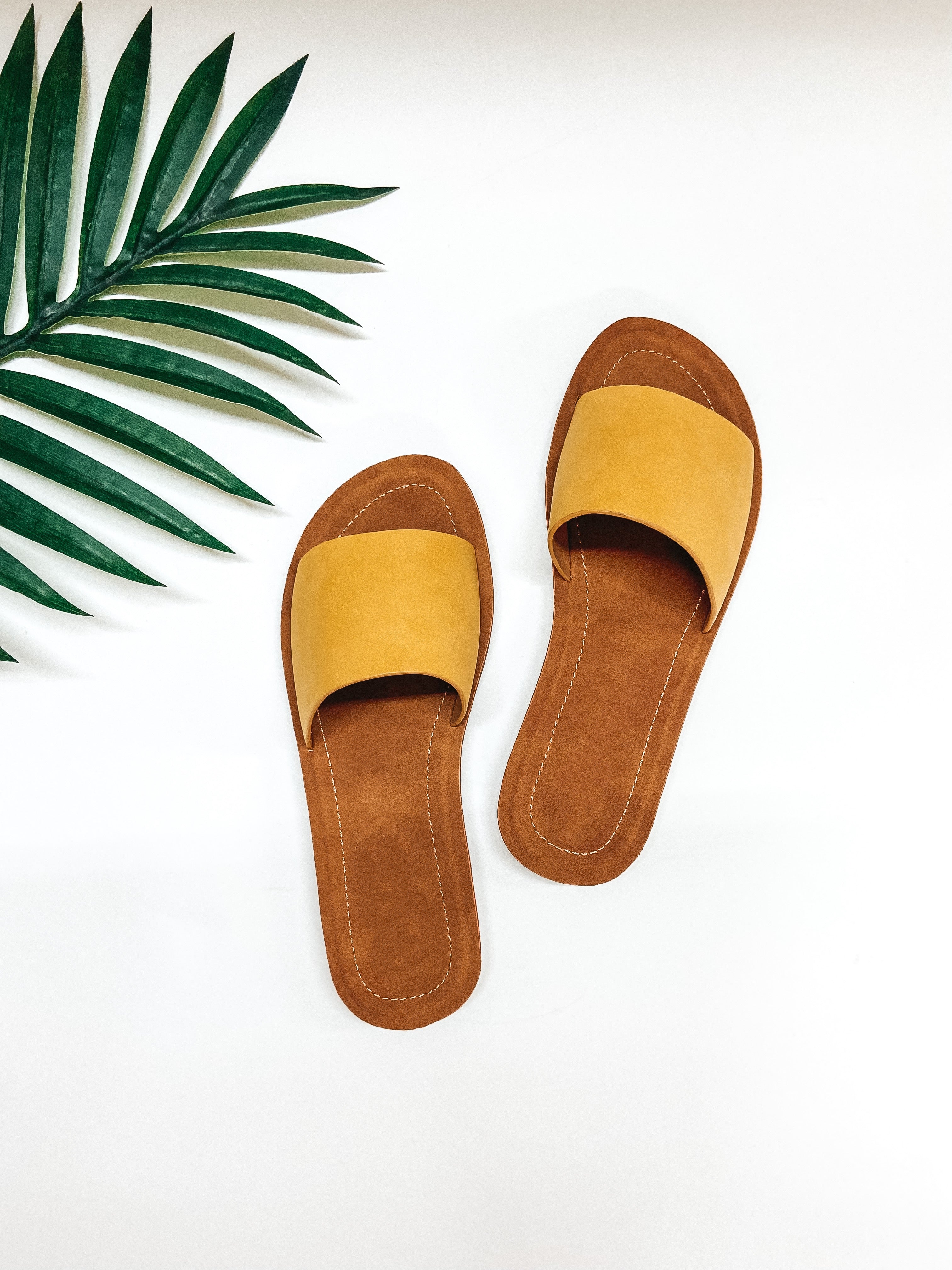Passing By Single Strap Slide On Sandals in Yellow - Giddy Up Glamour Boutique