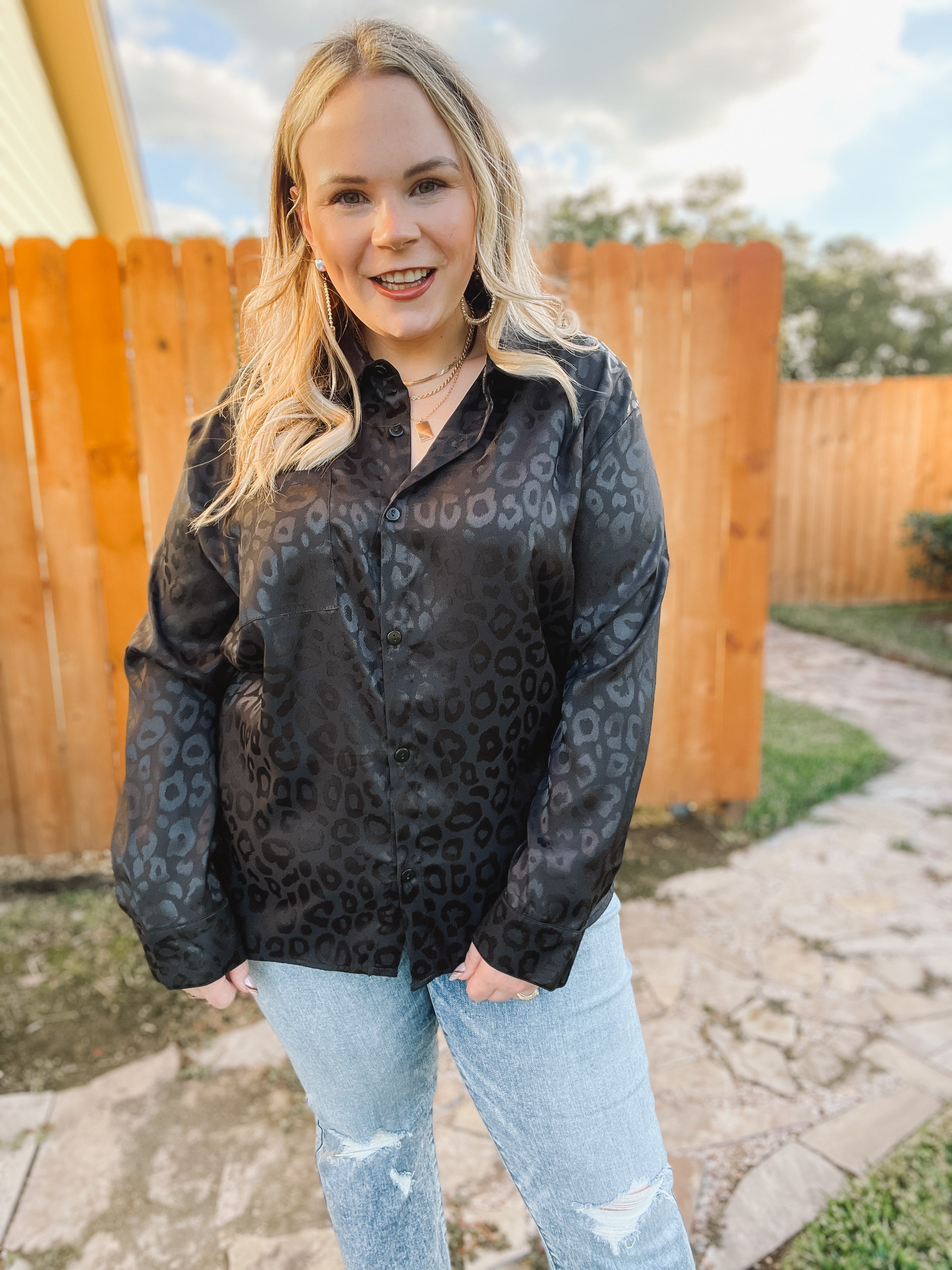 Top It Off Long Sleeve Button Up Satin Leopard Top in Black - Giddy Up Glamour Boutique