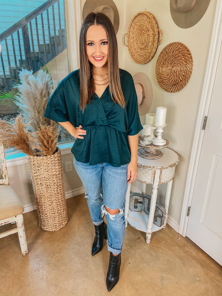 Under the Pines V Neck Peplum Blouse in Forest Green - Giddy Up Glamour Boutique