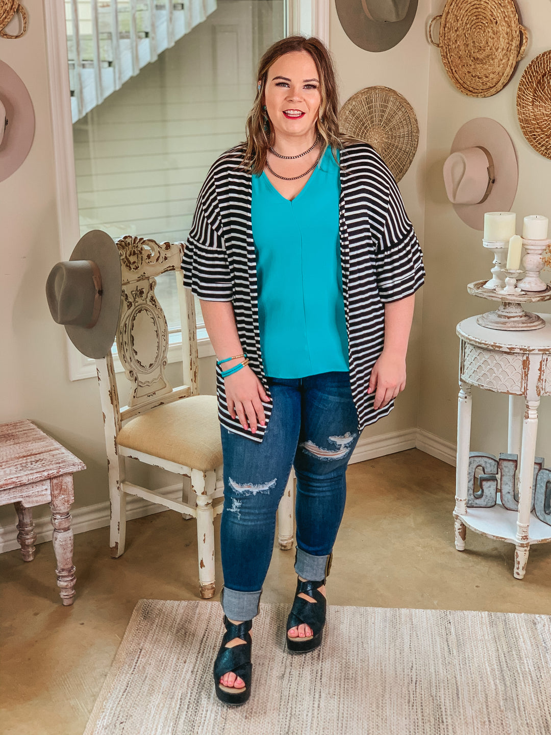 Cross My Mind Stripe Cardigan with Ruffle Sleeves in Black - Giddy Up Glamour Boutique