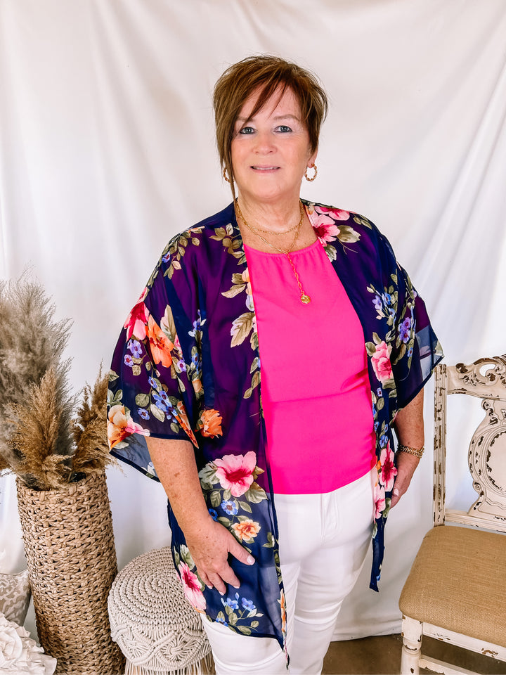 Forever Friends Floral Print Short Sleeve Kimono in Dusty Navy Blue - Giddy Up Glamour Boutique