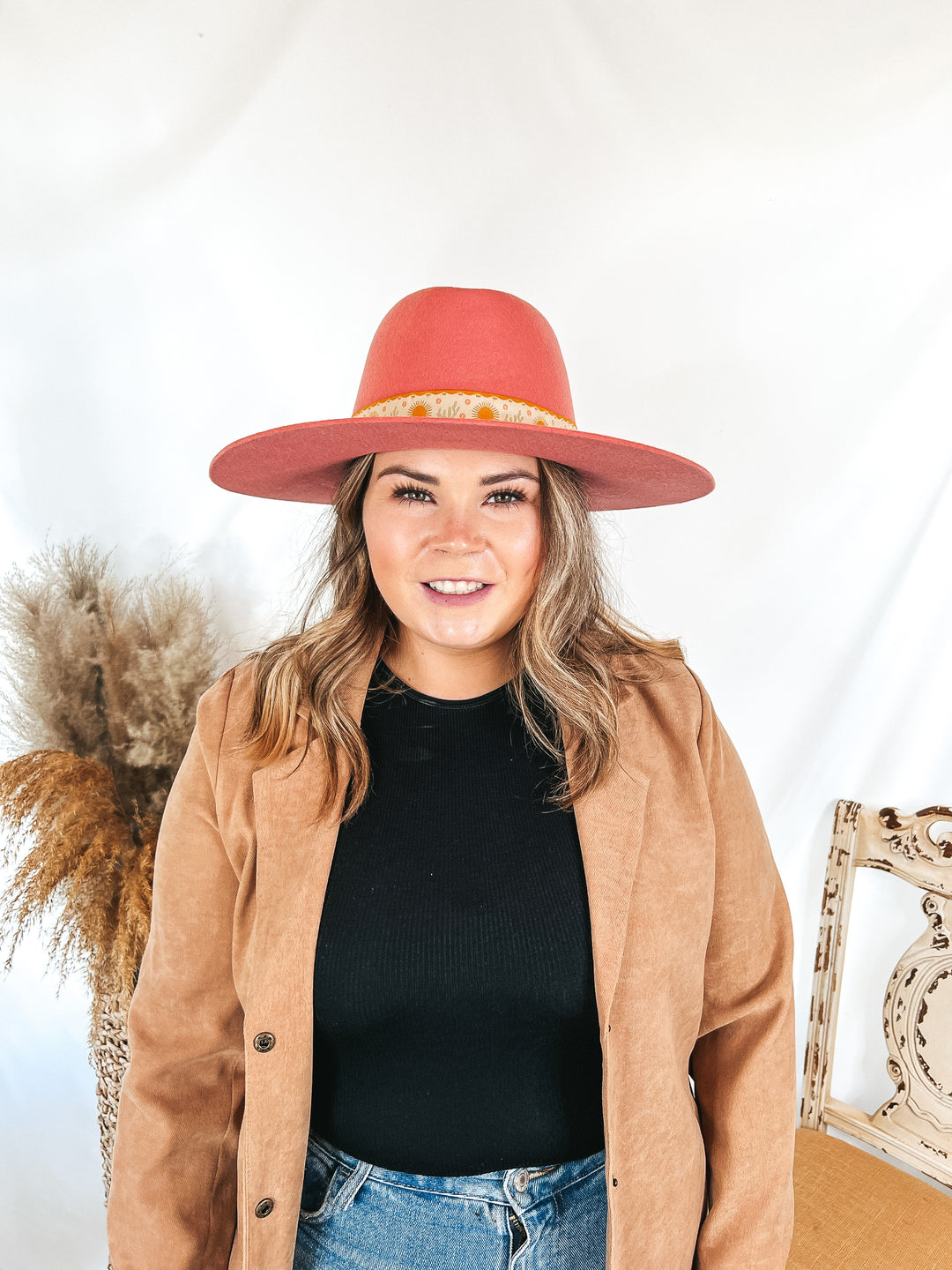 GiGi Pip | Dae Triangle Crown Wool Felt Hat with Cactus and Sun Band in Pink - Giddy Up Glamour Boutique