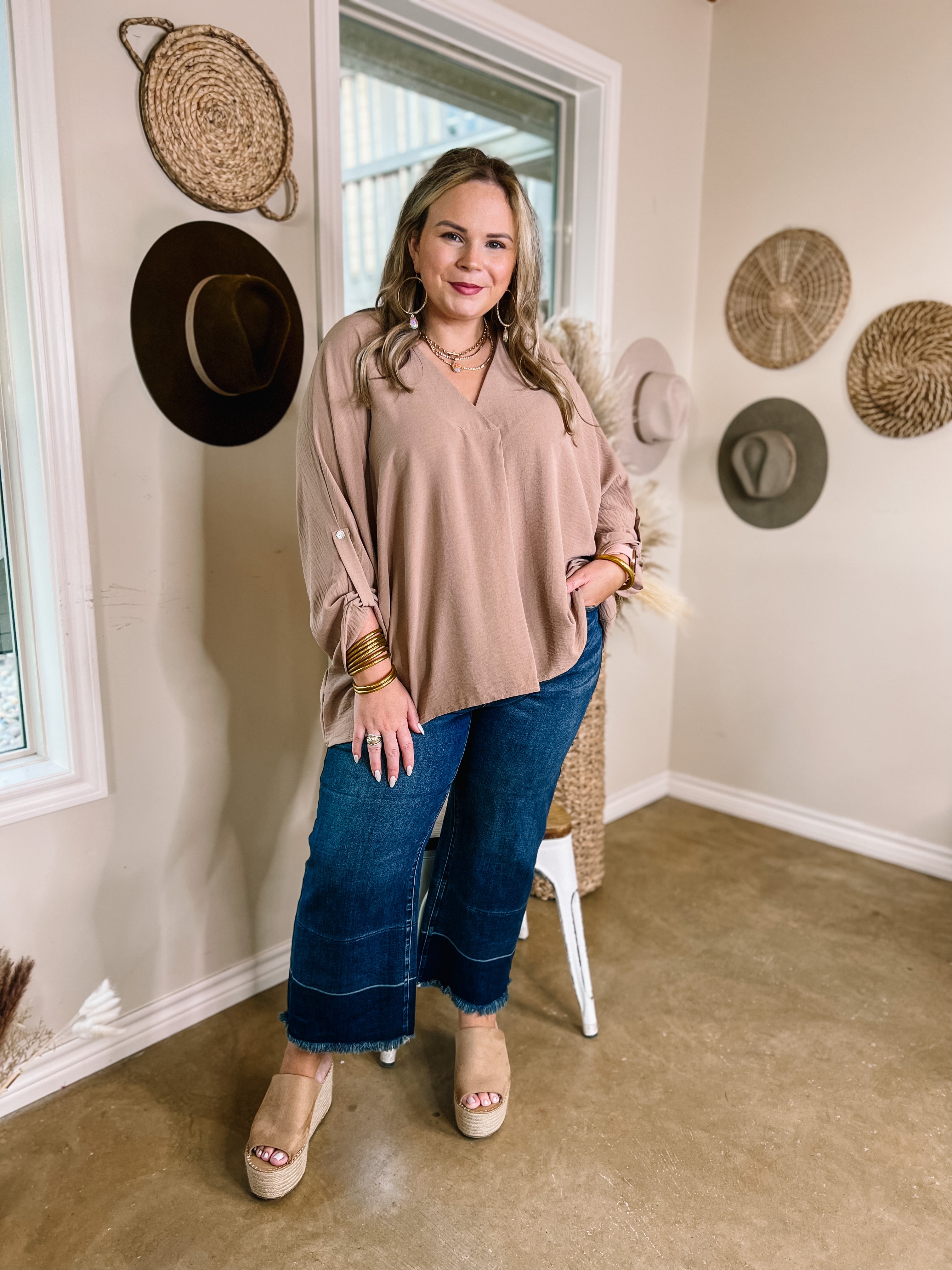Weekend Out V Neck Placket 3/4 Sleeve Top in Taupe - Giddy Up Glamour Boutique