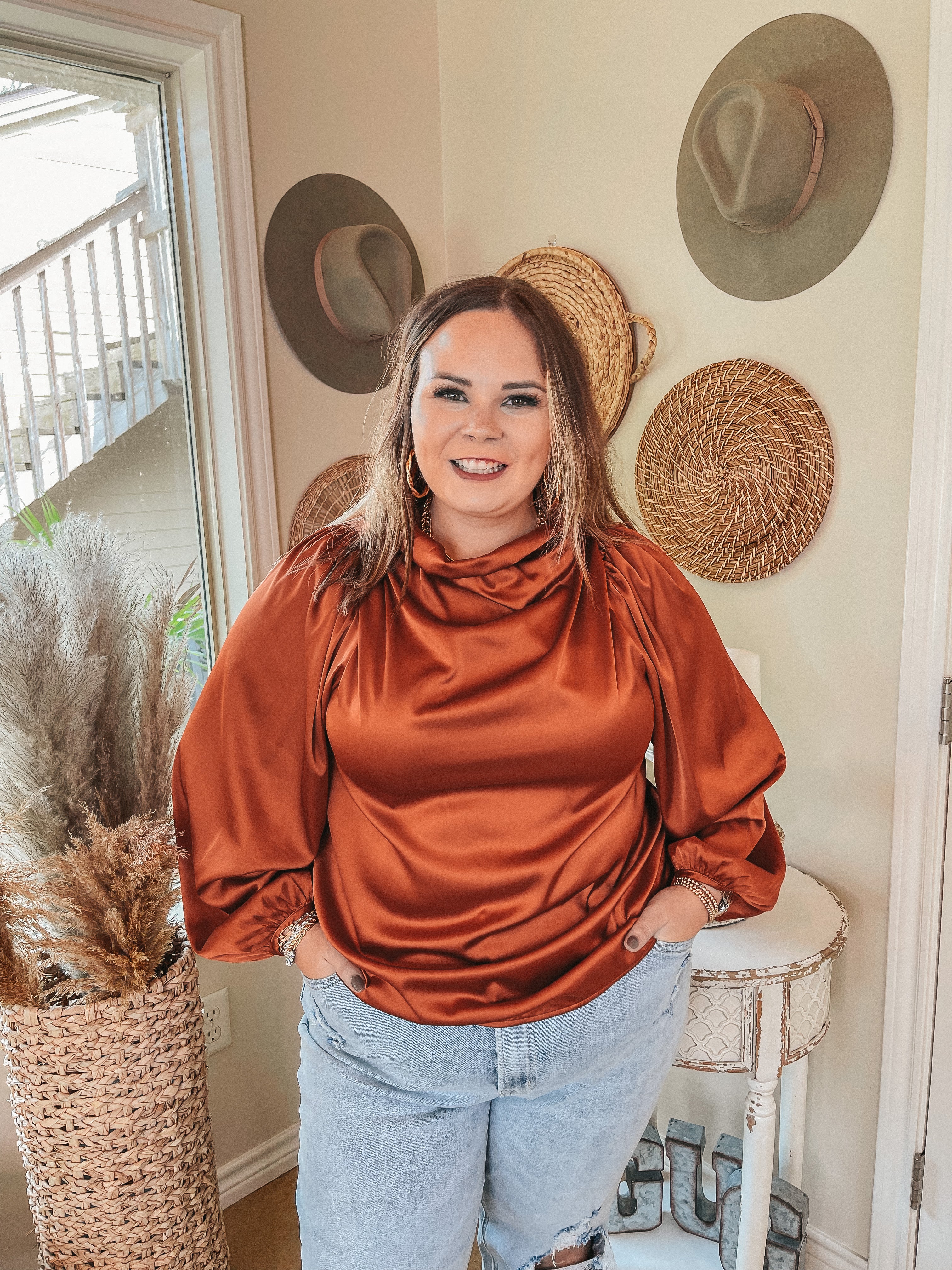 Afternoon in Asheville High Cowl Neck Long Sleeve Satin Blouse in Rust Orange - Giddy Up Glamour Boutique