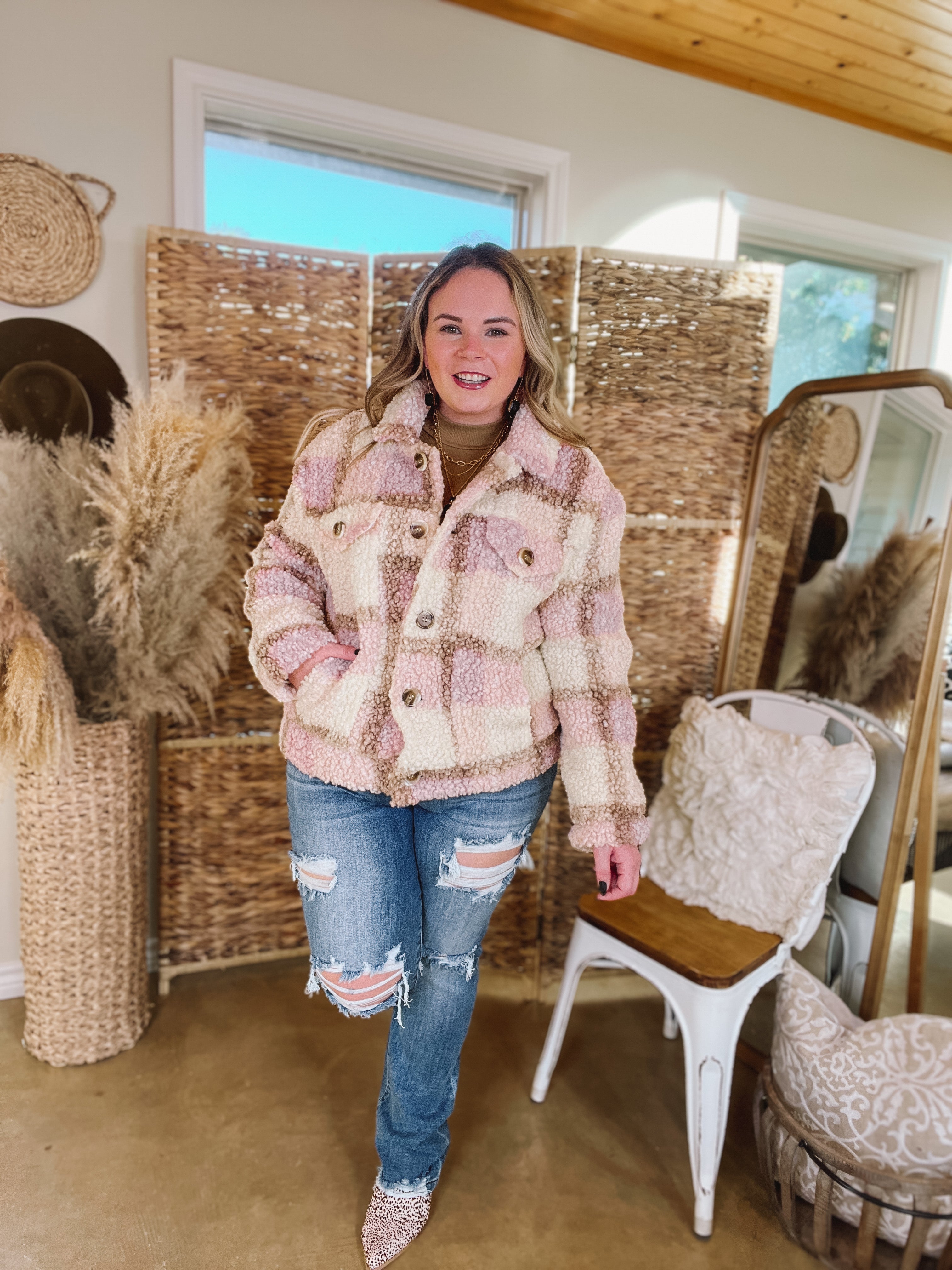 Better in Brooklyn Plaid Button Up Sherpa Jacket in Pink and Ivory - Giddy Up Glamour Boutique
