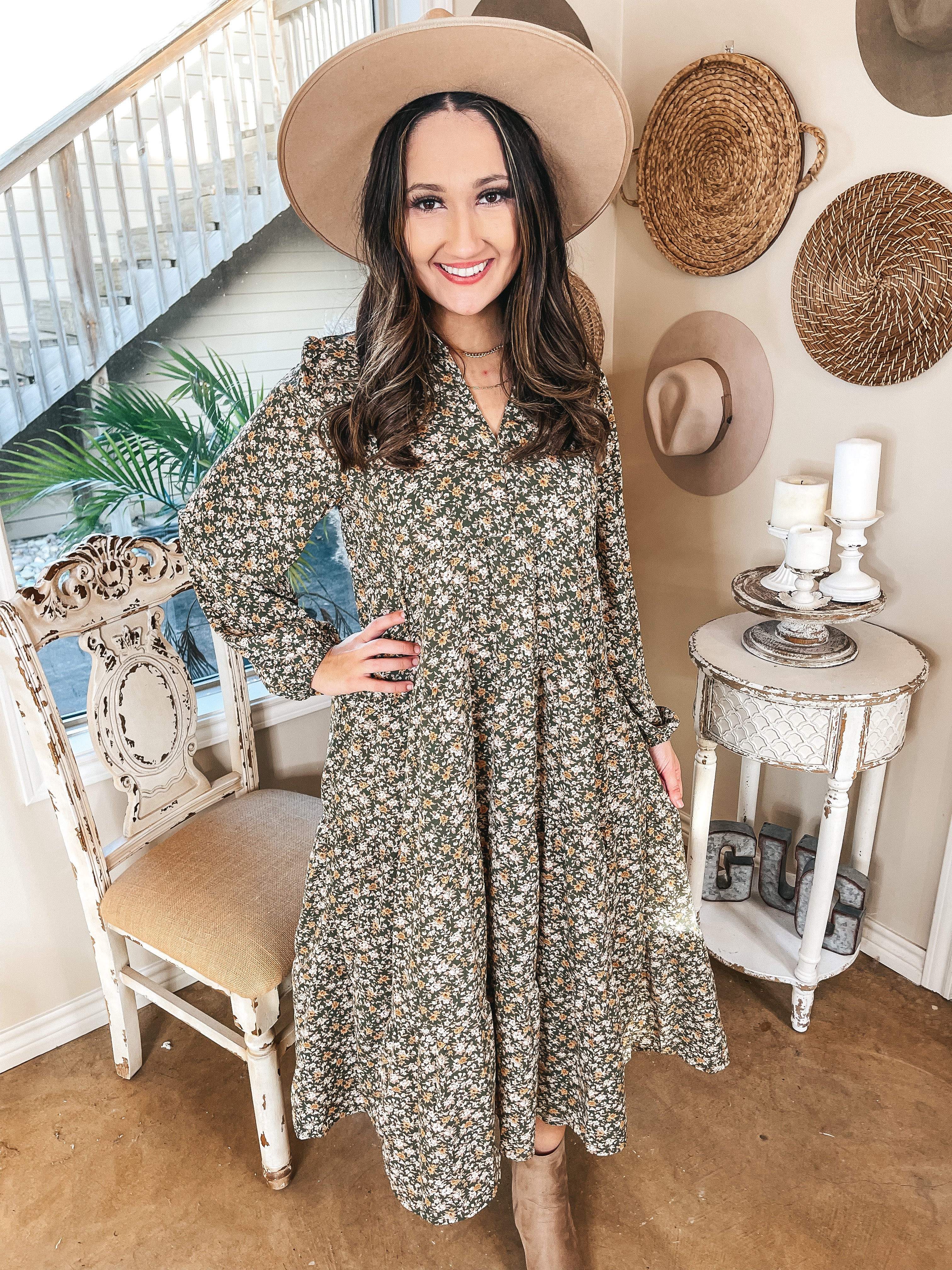 Love Song Long Sleeve Floral Midi Dress in Green - Giddy Up Glamour Boutique