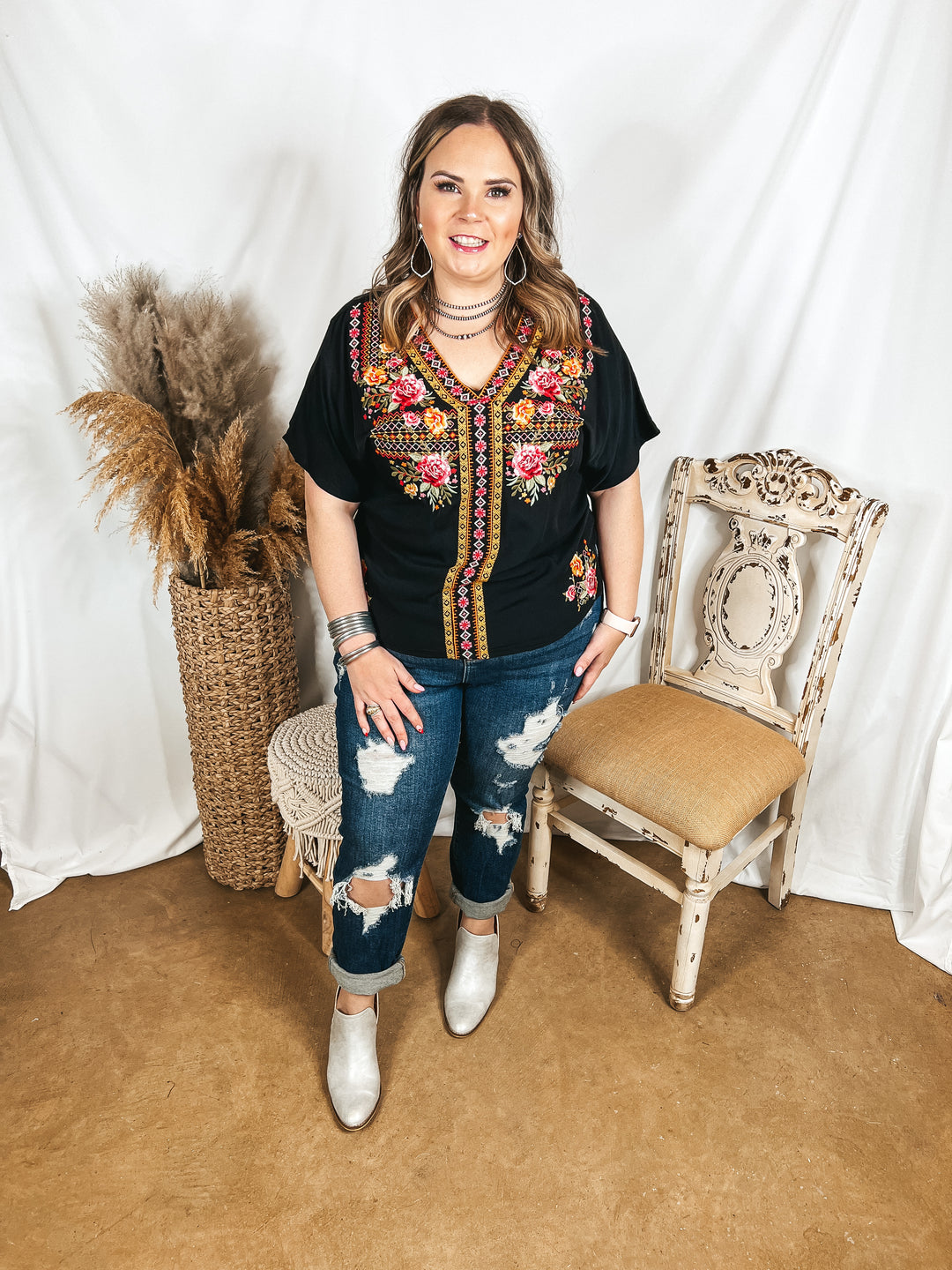 Time in Terlingua Southwest Embroidered Short Sleeve V Neck Top in Black - Giddy Up Glamour Boutique