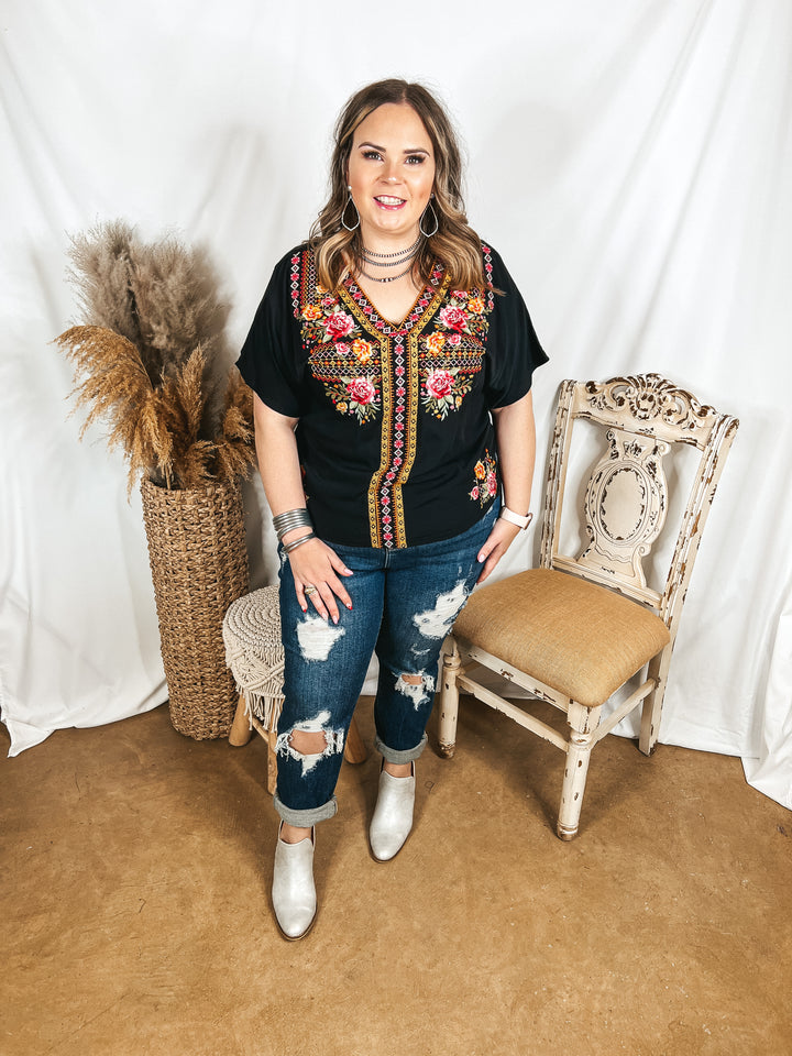 Time in Terlingua Southwest Embroidered Short Sleeve V Neck Top in Black - Giddy Up Glamour Boutique