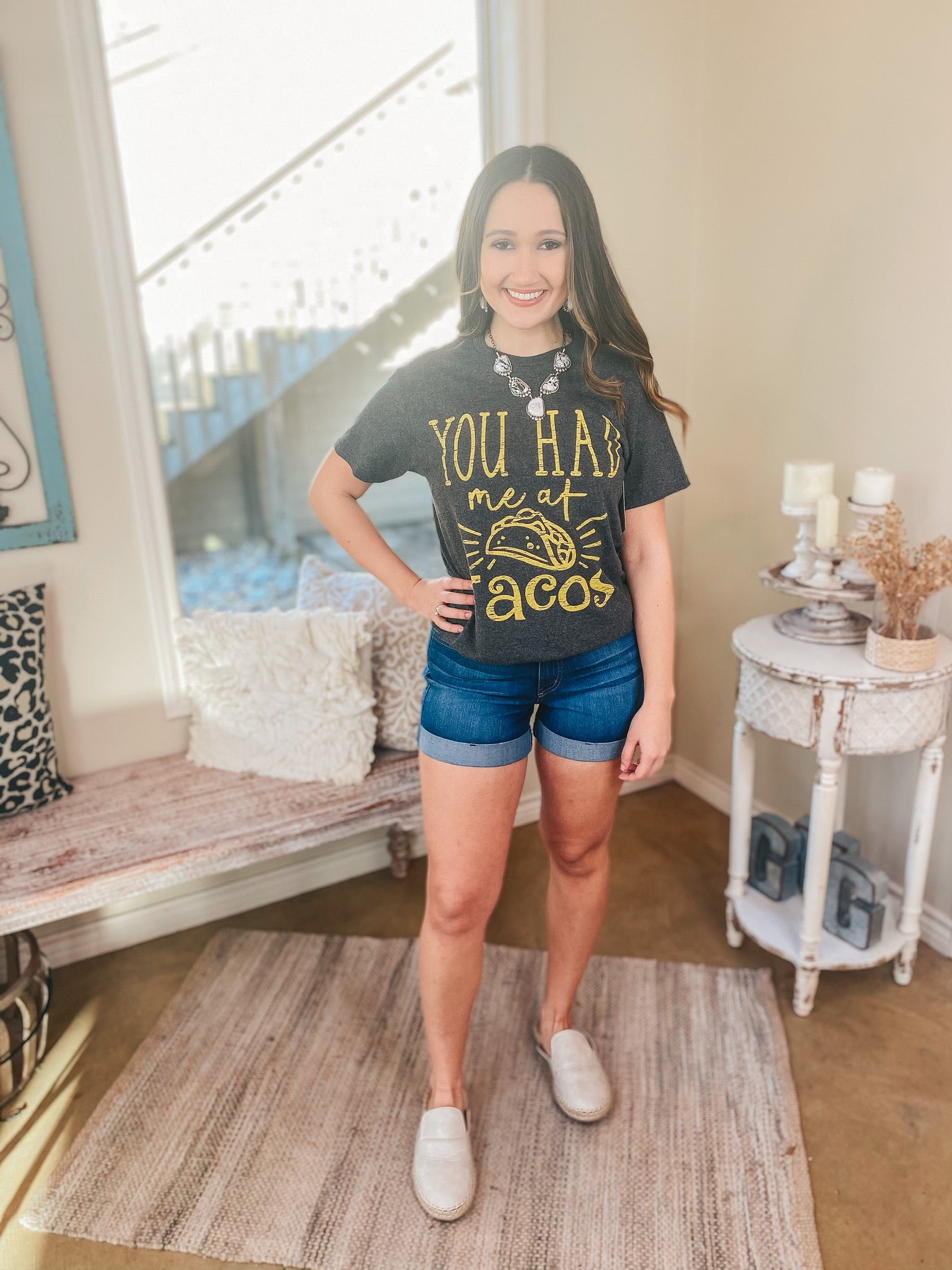 You Had Me at Tacos Short Sleeve Graphic Tee in Charcoal Grey - Giddy Up Glamour Boutique