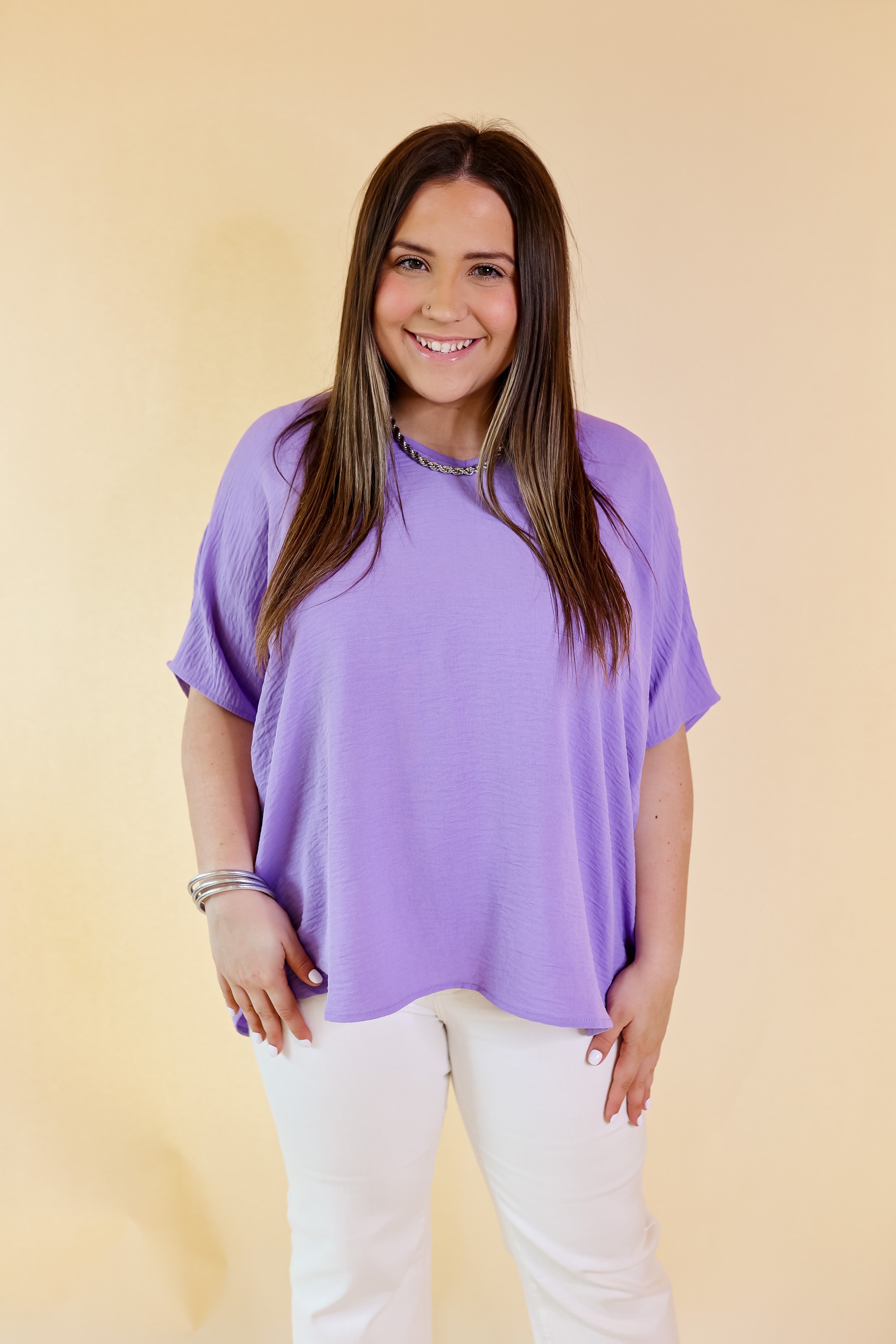 Try To Resist Short Sleeve V Neck Top with Front Pocket in Lavender Purple - Giddy Up Glamour Boutique