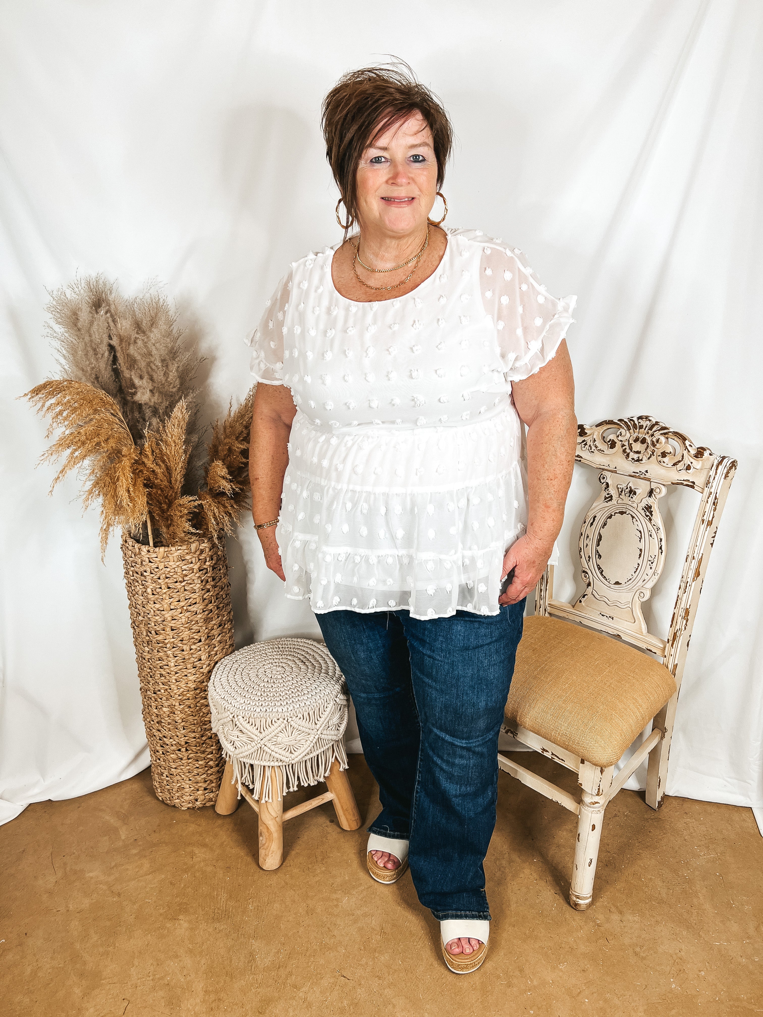 Such A Delight Tiered Swiss Dot Top with Ruffle Cap Sleeves in White - Giddy Up Glamour Boutique