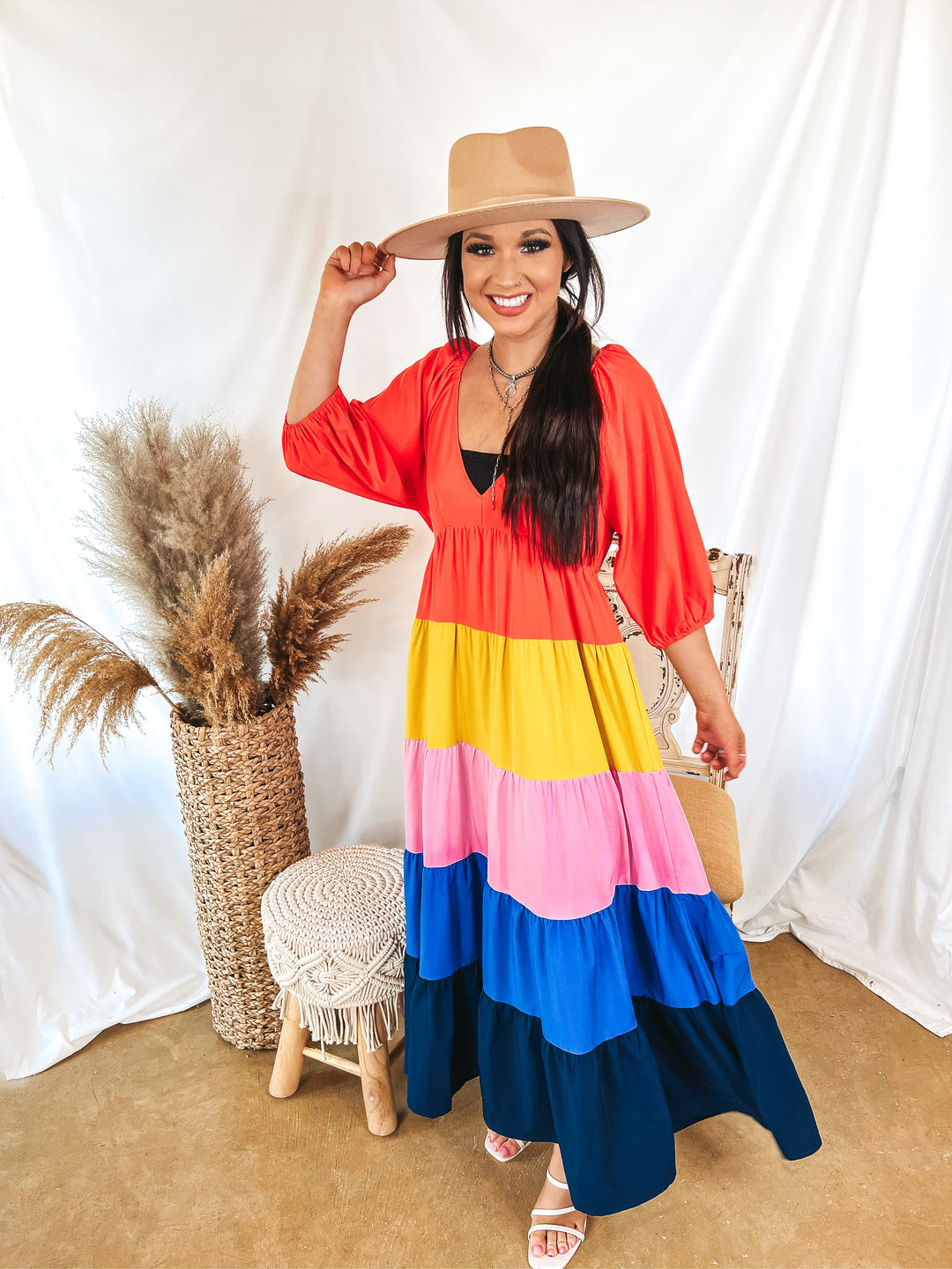 Coral Reef V Neck Striped Maxi Dress in Coral Orange Mix - Giddy Up Glamour Boutique