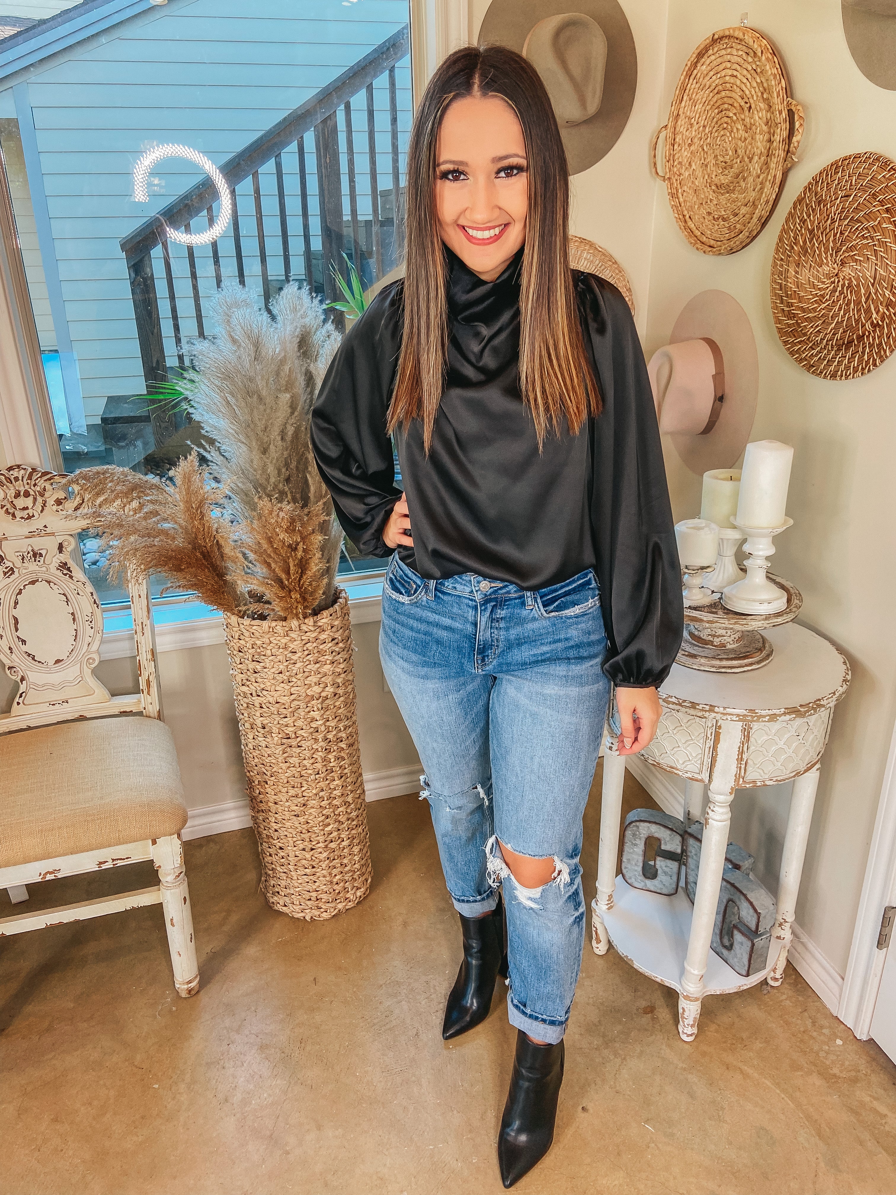 Afternoon in Asheville High Cowl Neck Long Sleeve Satin Blouse in Black - Giddy Up Glamour Boutique