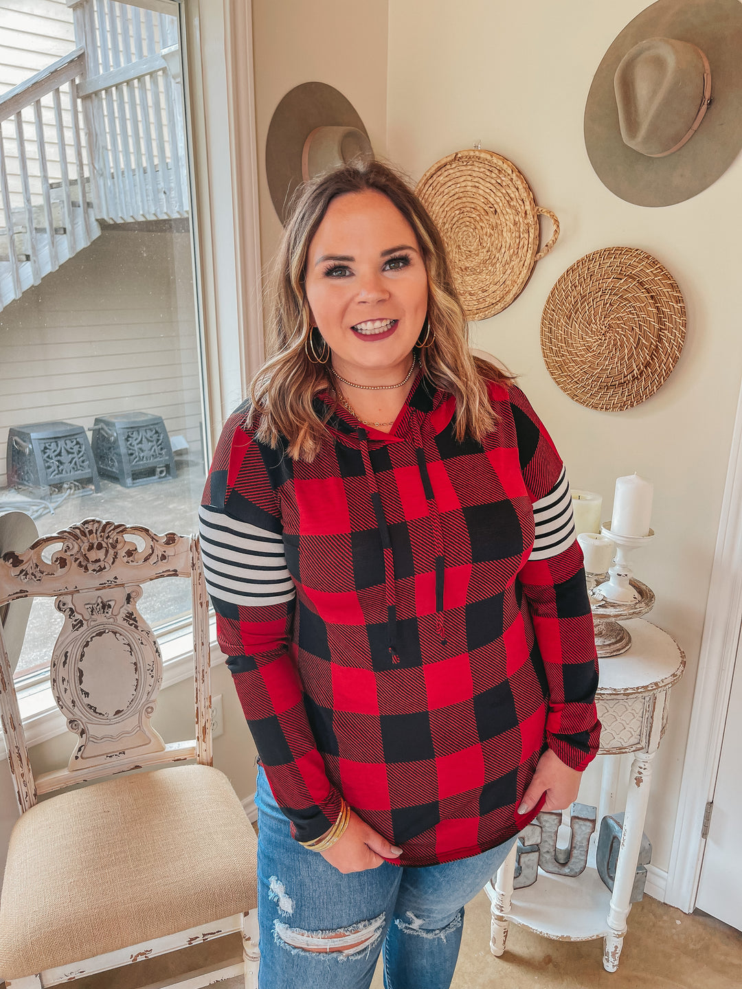 Mutual Attraction Striped Arm Pullover Hoodie in Red Buffalo Plaid - Giddy Up Glamour Boutique