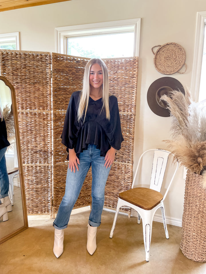 Hear the Music Drop Sleeve Satin V Neck Peplum Top in Black - Giddy Up Glamour Boutique