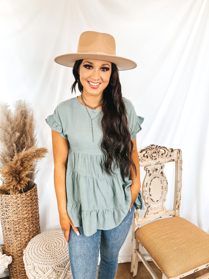 Belong To You Tiered Top with Ruffle Cap Sleeves in Sage Green - Giddy Up Glamour Boutique