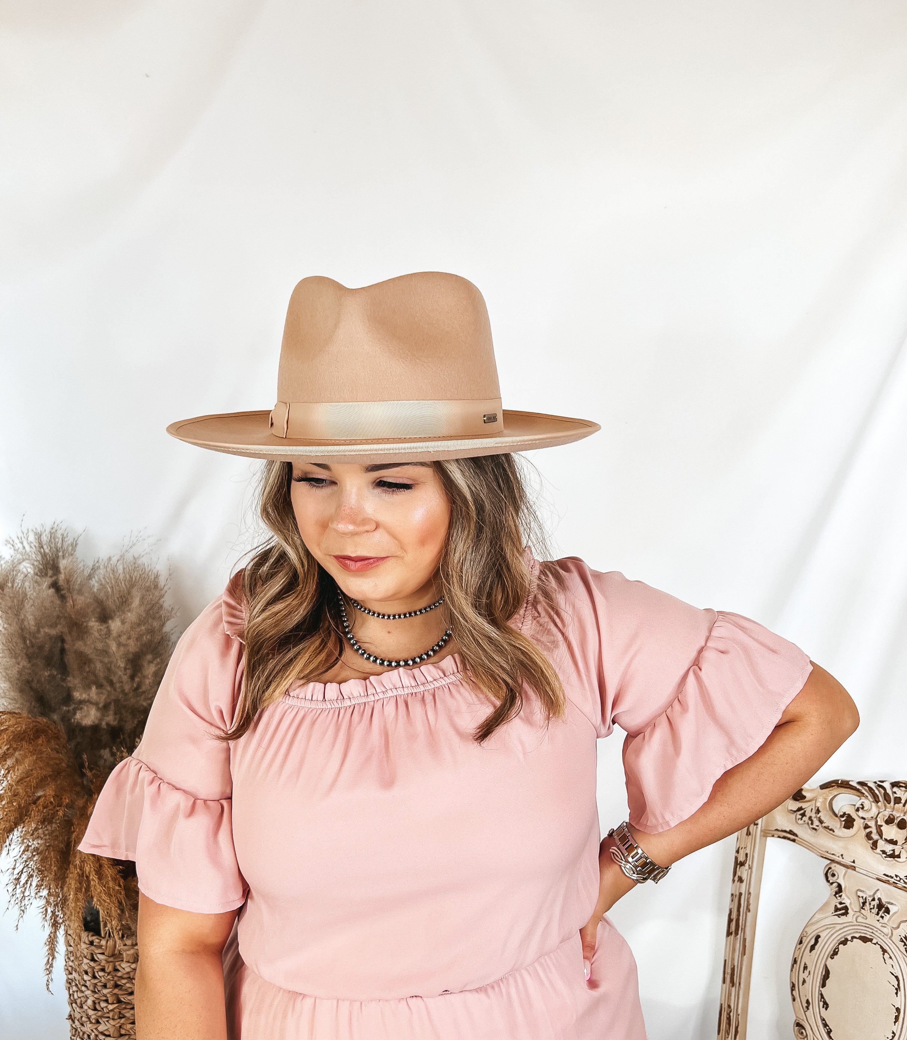 GiGi Pip | Monroe Wool Felt Rancher Hat with Ribbon Band in Nude - Giddy Up Glamour Boutique